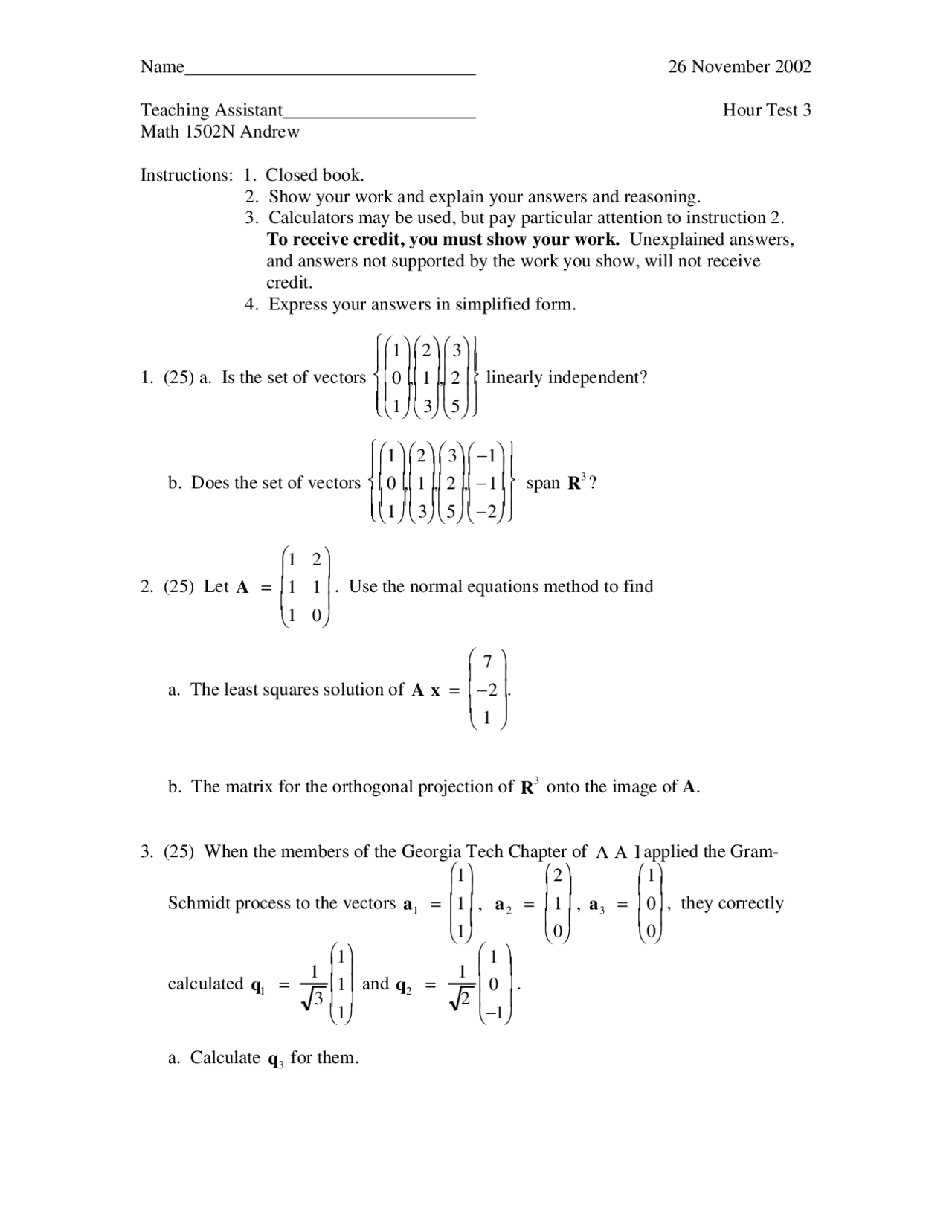 4 Questions with Answers on Calculus II - Examination 3 - Fall 2002 ...