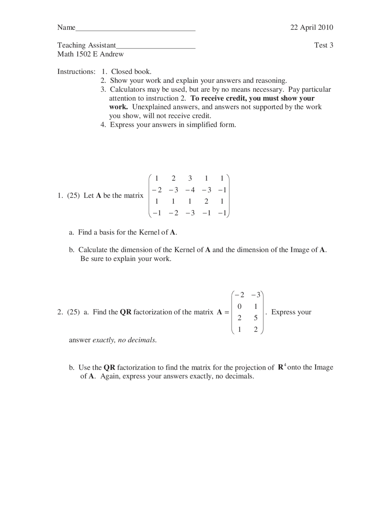 Exam 3 with Solution - Calculus II | MATH 1502 - Docsity