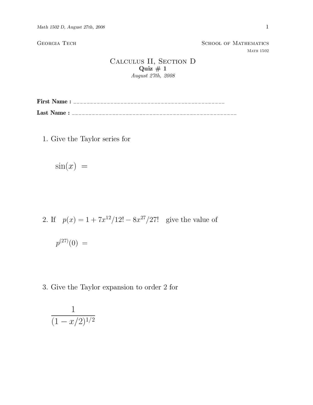 10 Questions of Calculus II - Quiz 1 | MATH 1502 - Docsity