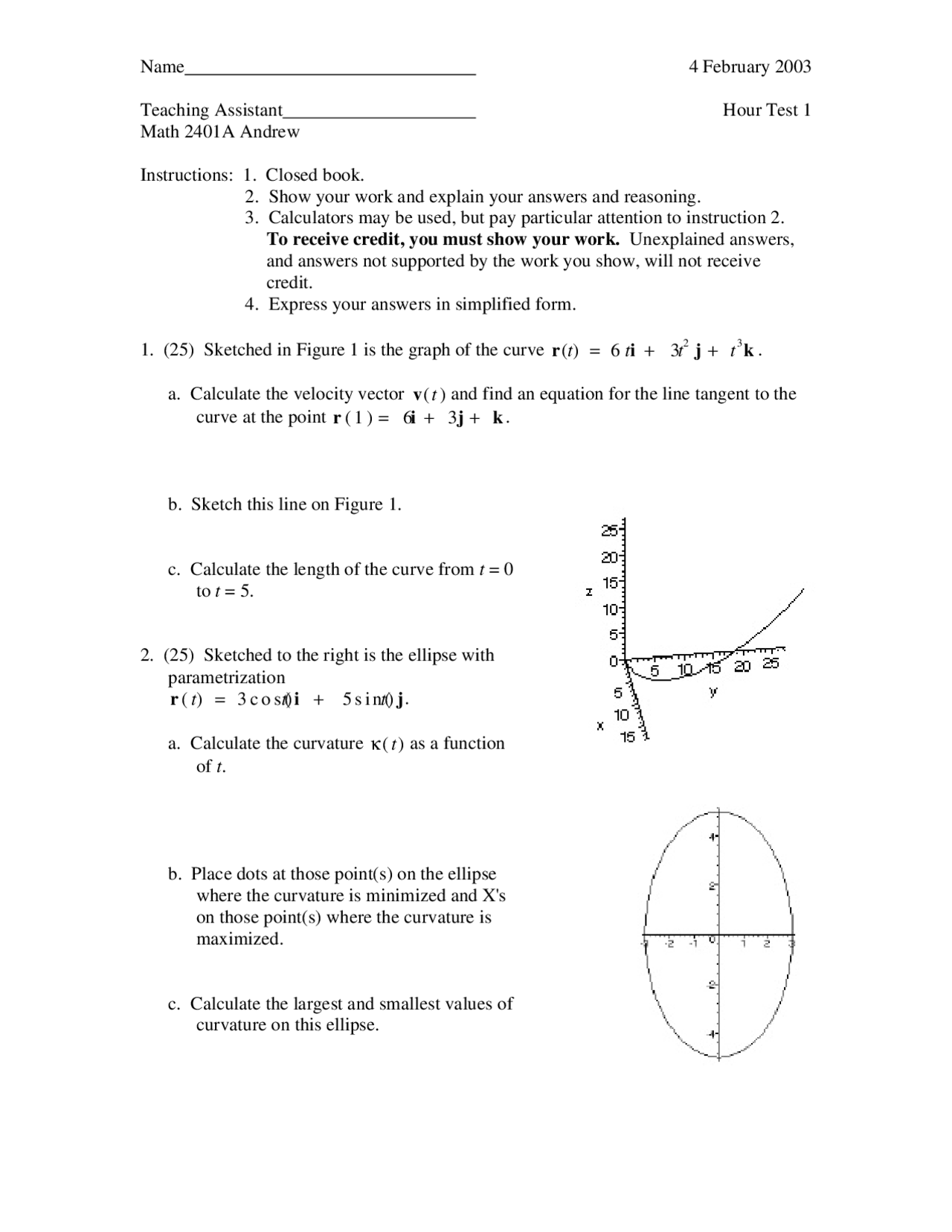 Hour Test 1 Calculus III 2003 MATH 2401 Docsity Hour test 1 calculus iii 2003 math 2401 docsity