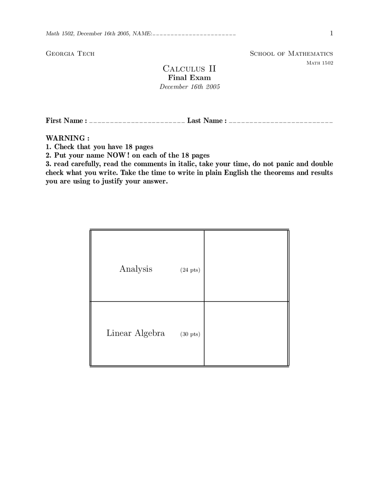 Final Exam Questions - Fall - 2008 - Calculus II | MATH 1502 - Docsity