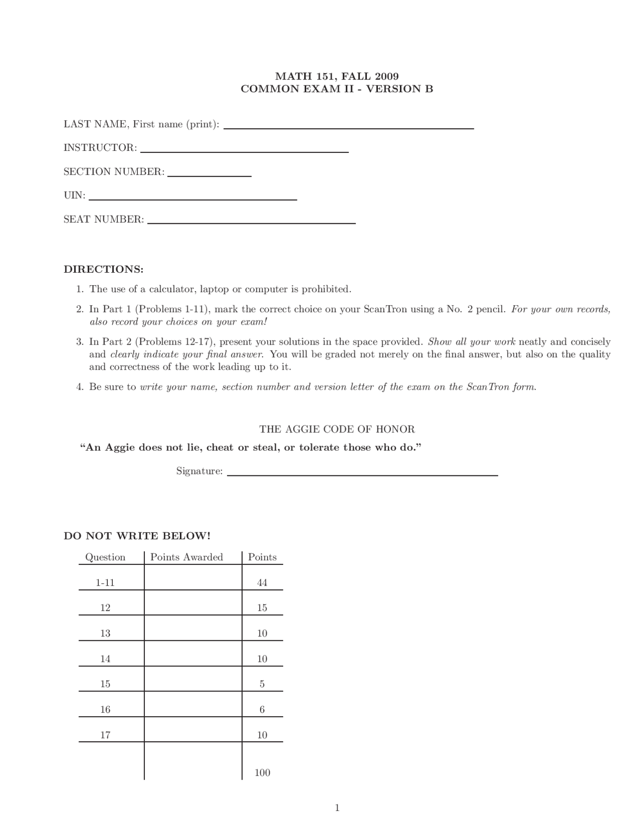 MATH 151 Fall 2009 Exam II - Version B: Multiple Choice and Work Out