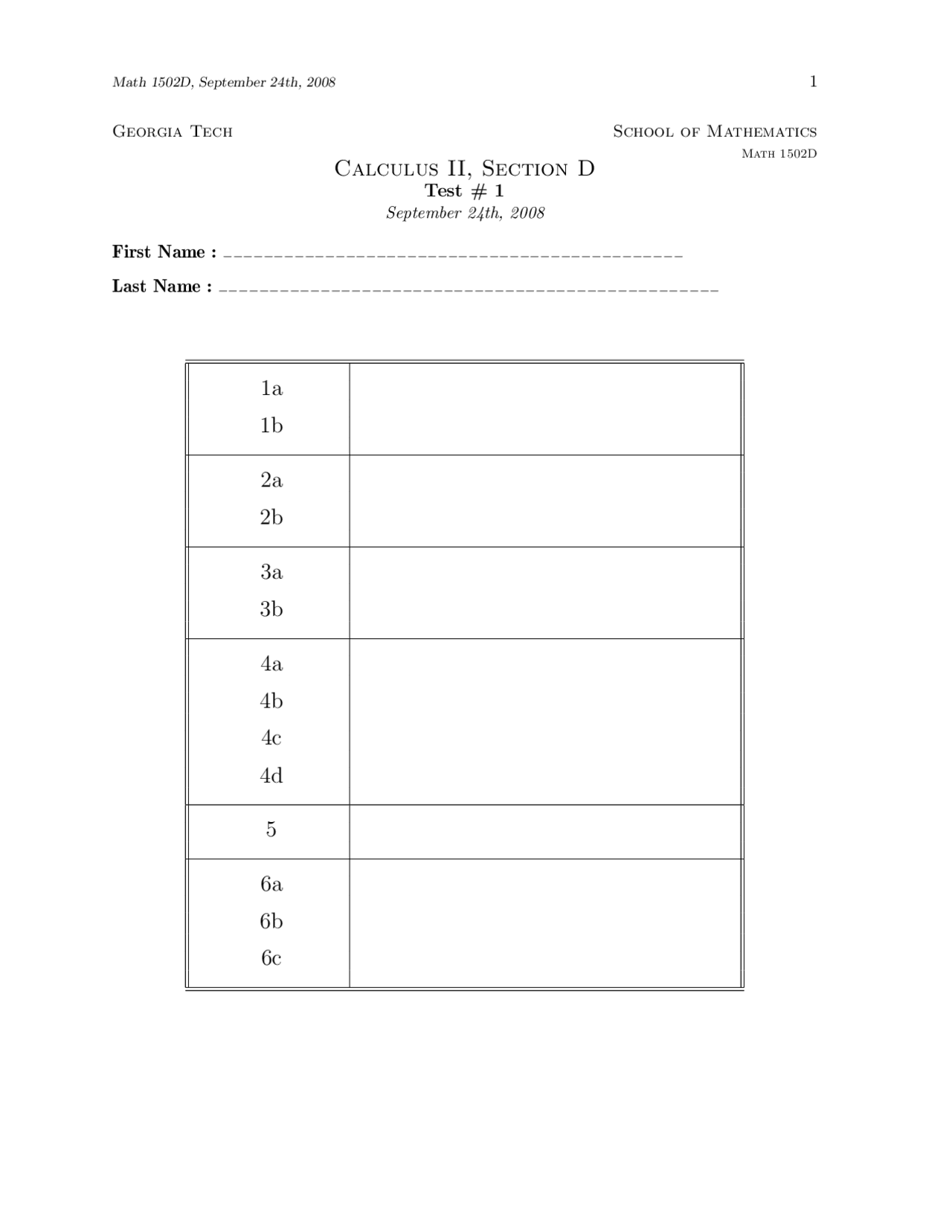 Test 1 Questions - Calculus II - Fall 2008 | MATH 1502 - Docsity