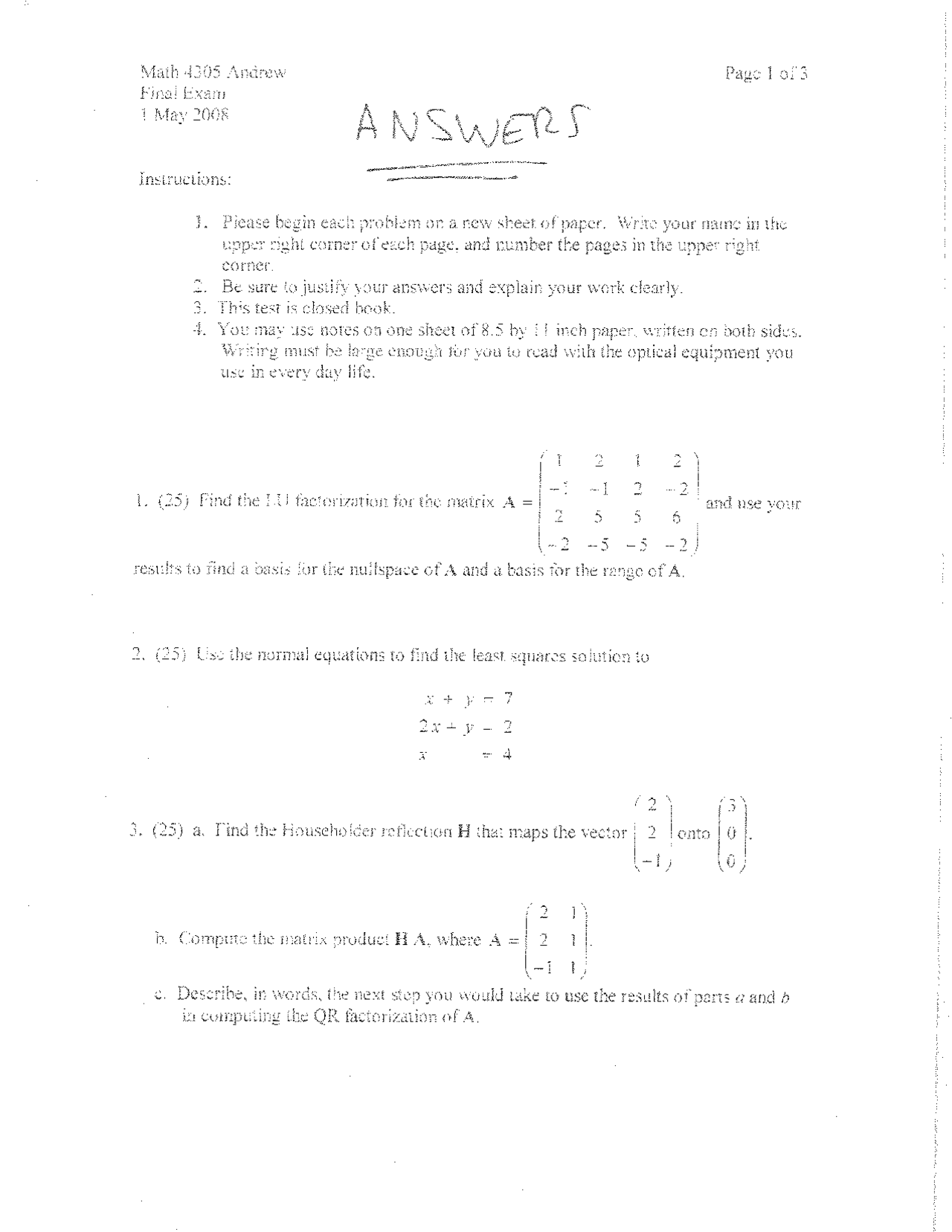 Final Exam With Solutions Linear Algebra MATH 4305 Docsity Final exam with solutions linear algebra math 4305 docsity