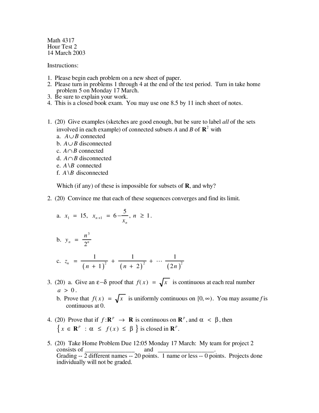 5 Questions Solved For Test 2 Analysis I Fall 03 Math 4317 Docsity 5 Questions Solved For Test 2 Analysis I Fall 03 Math 4317 Docsity