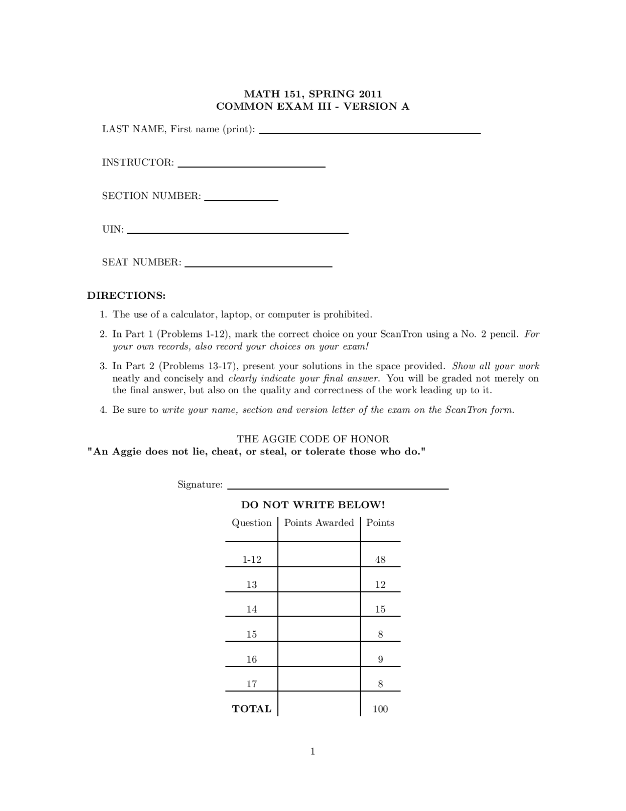 Exam 3 Version A with 17 Questions - Honors Engineering Mathematics I ...