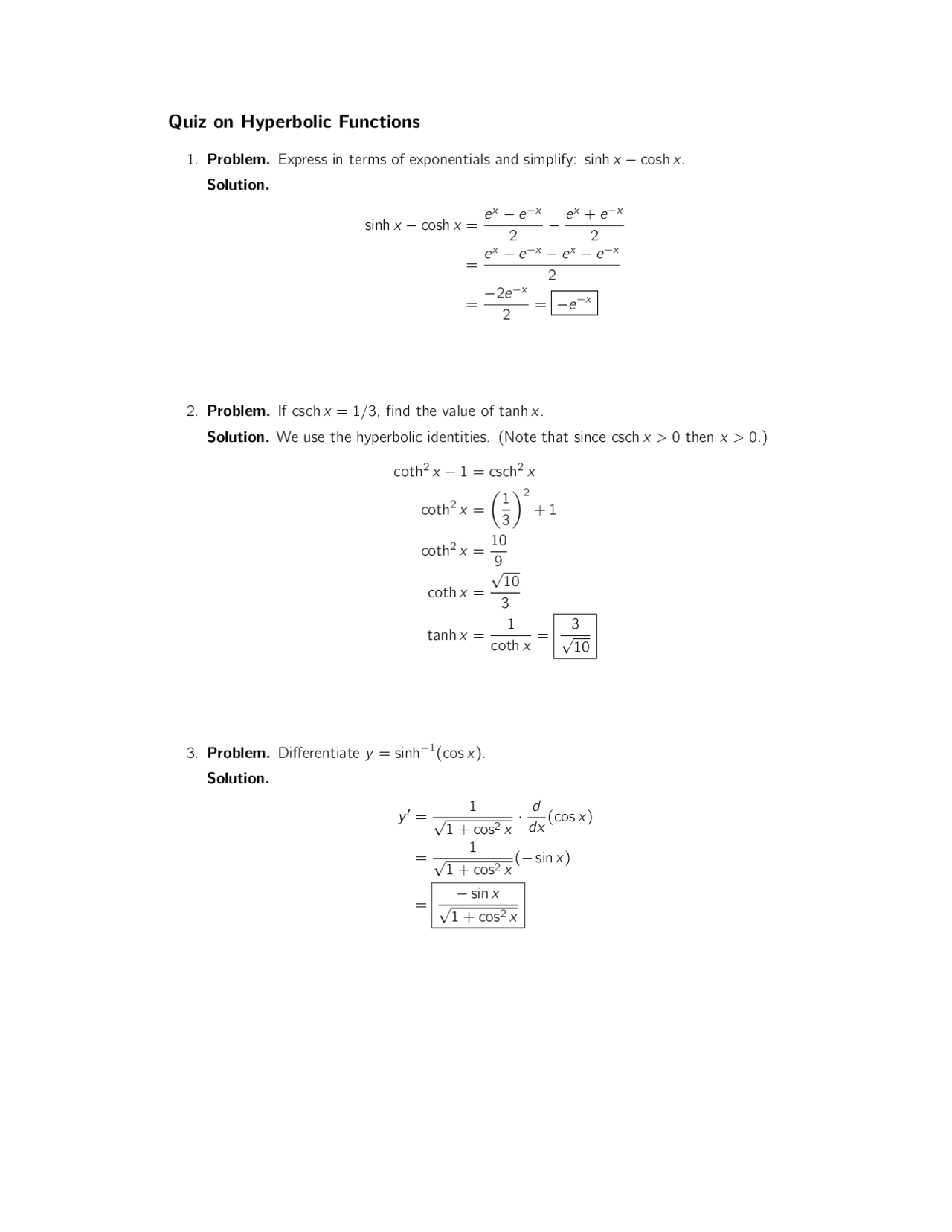 Hyperbolic Function Problems Pdf Hyperbolic Functions - Quiz 11 problems Solved | APPM 1345 - Docsity