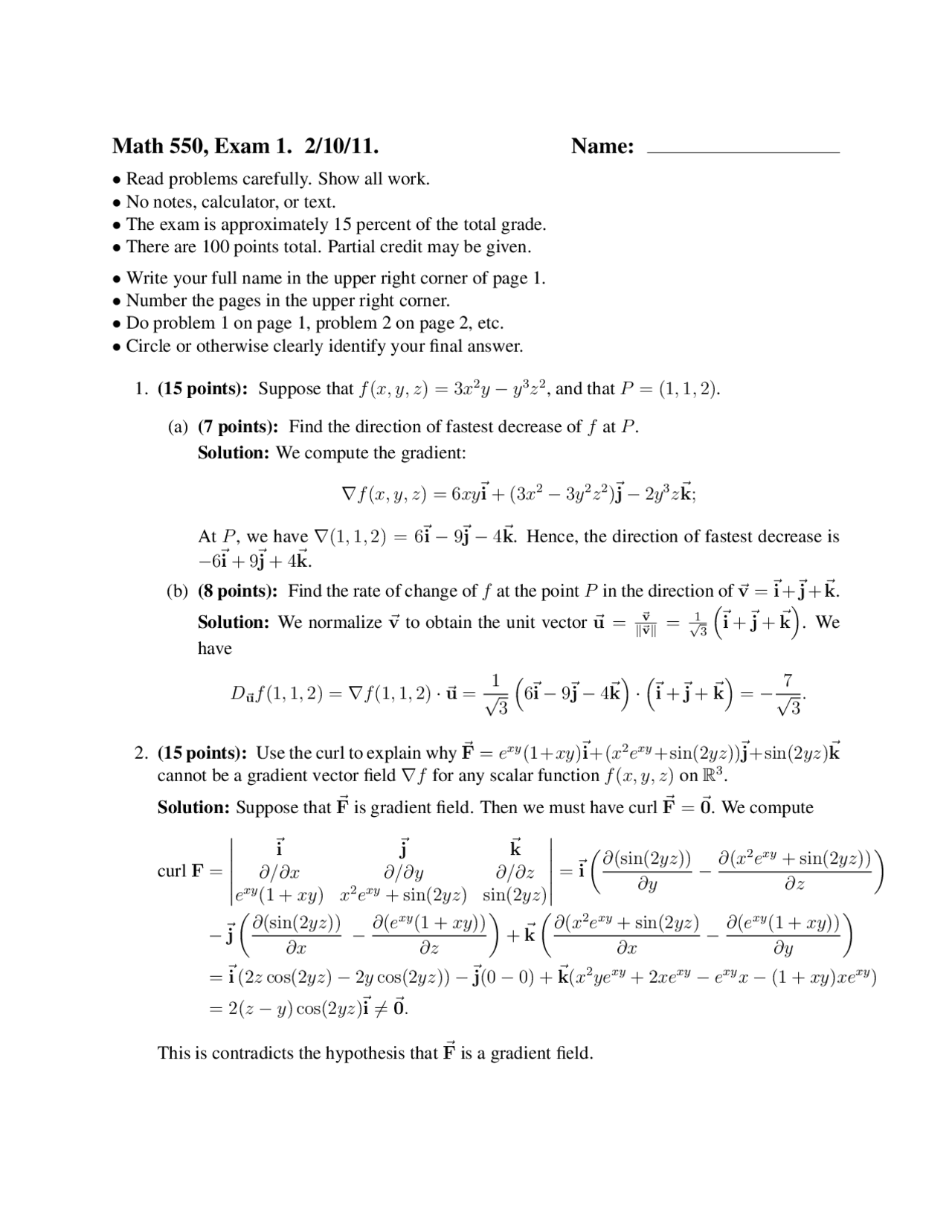 8 Solved Problems on Vector Analysis - Examination 1 | MATH 550 | Exams ...