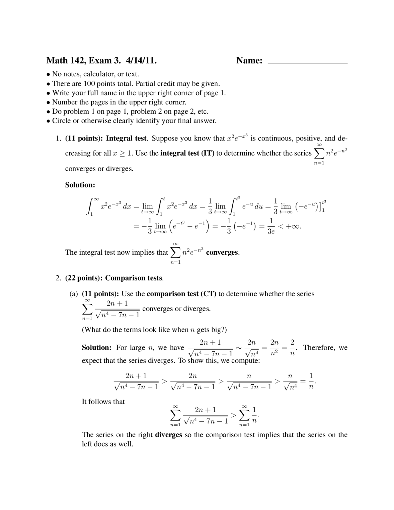 Exam 3 Questions with Solutions for Calculus II | MATH 142 - Docsity