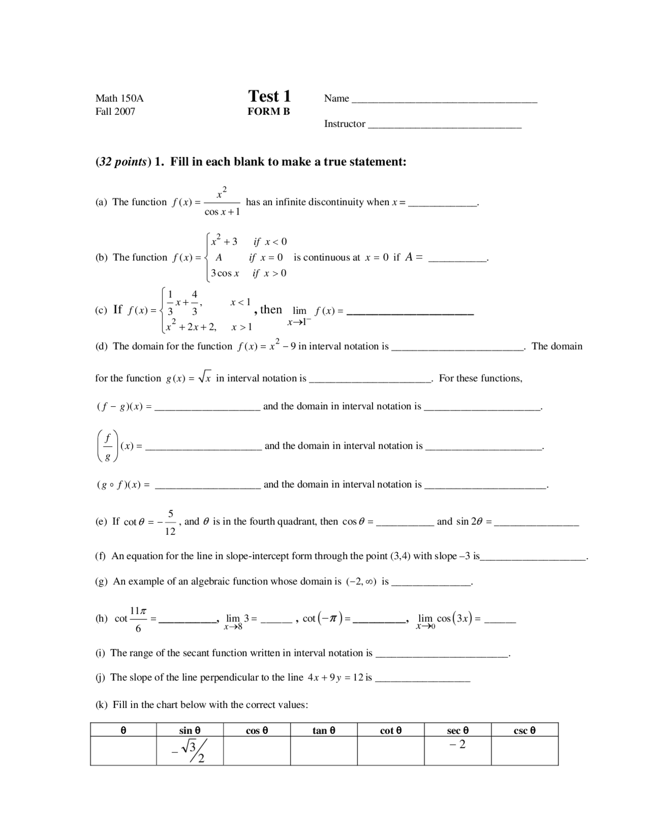 Practice Exam 1B Questions for Calculus I | | Exams Calculus | Docsity