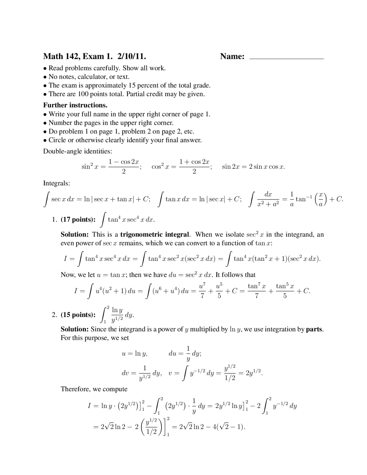 Practice Exam 1 - Fall 2011 - Calculus II | MATH 142 - Docsity