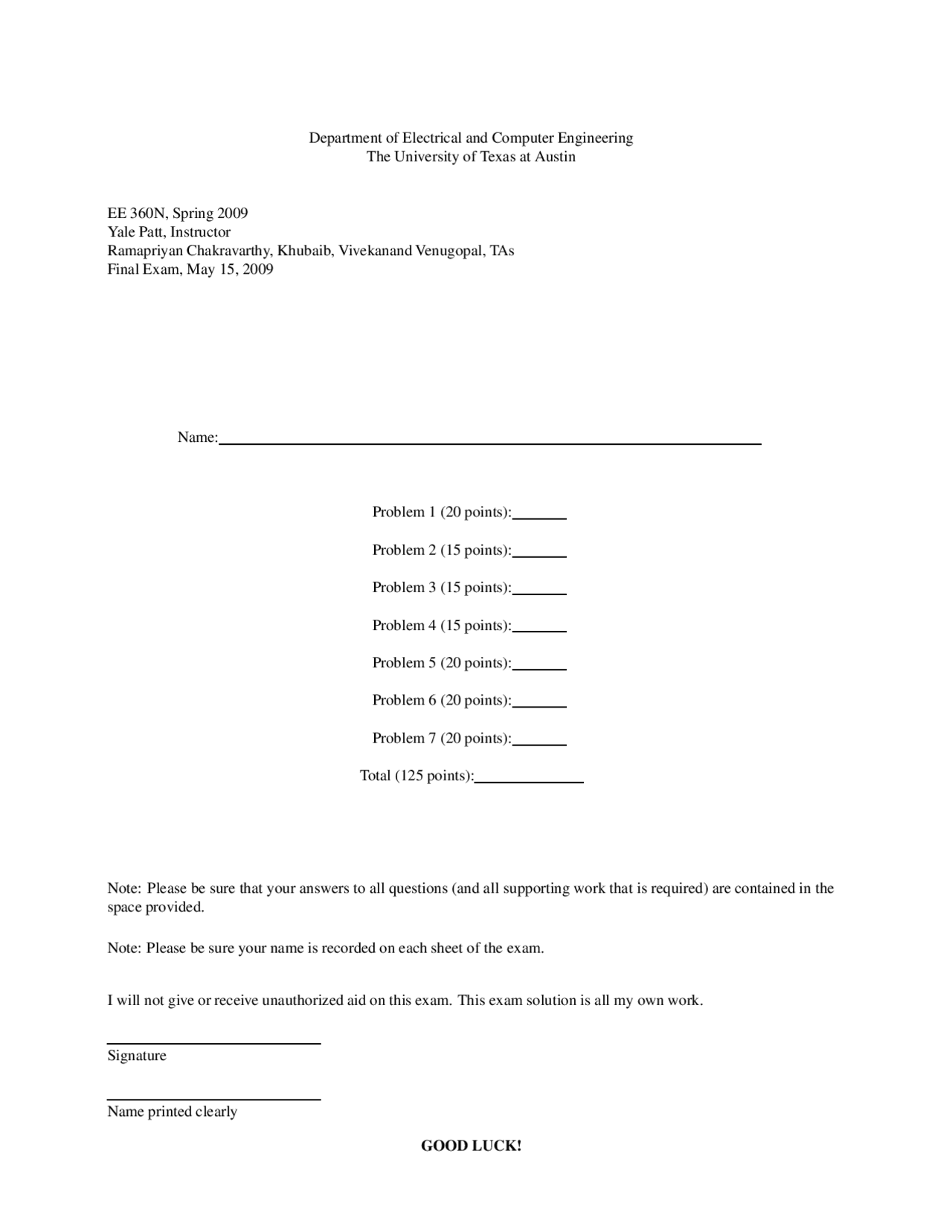 Computer Architecture - Past Paper Questions 2009 | E E 460N - Docsity