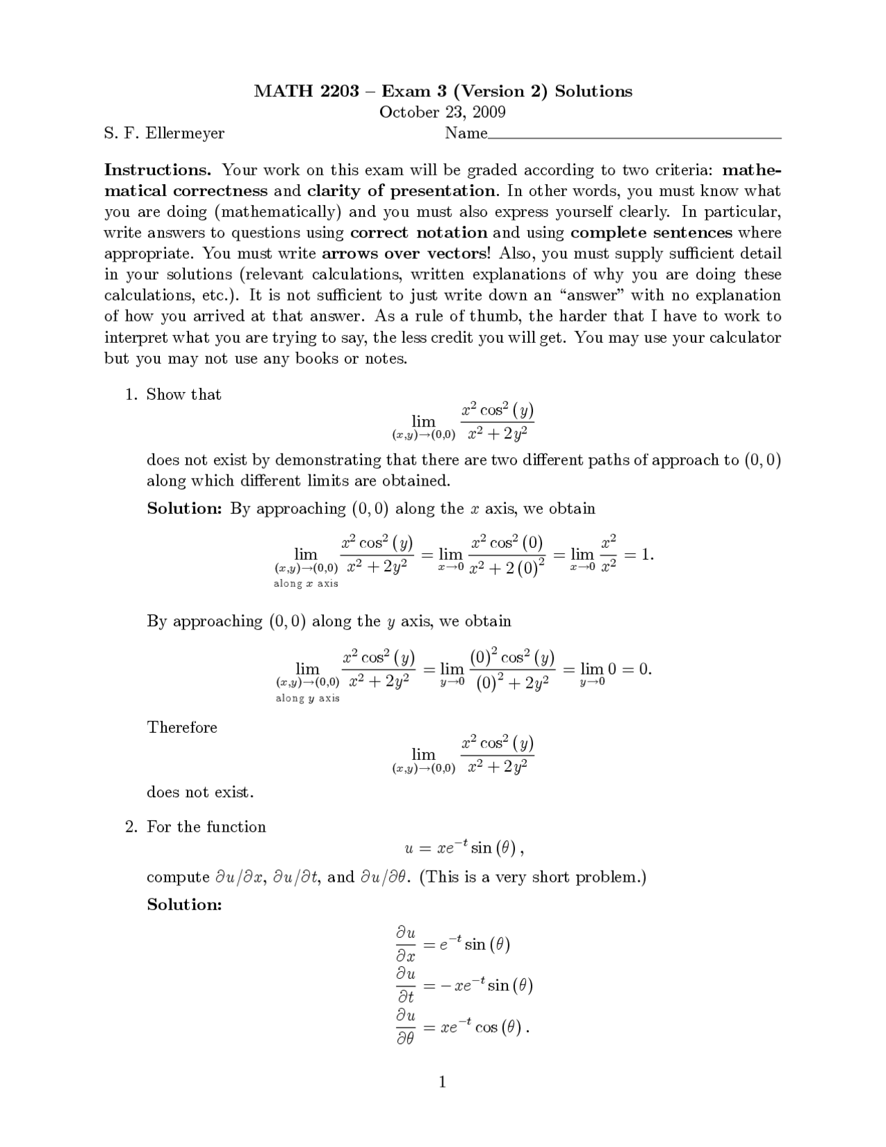 MATH 2203 Exam 3 Solutions: Limits, Derivatives, and Hill Problems ...