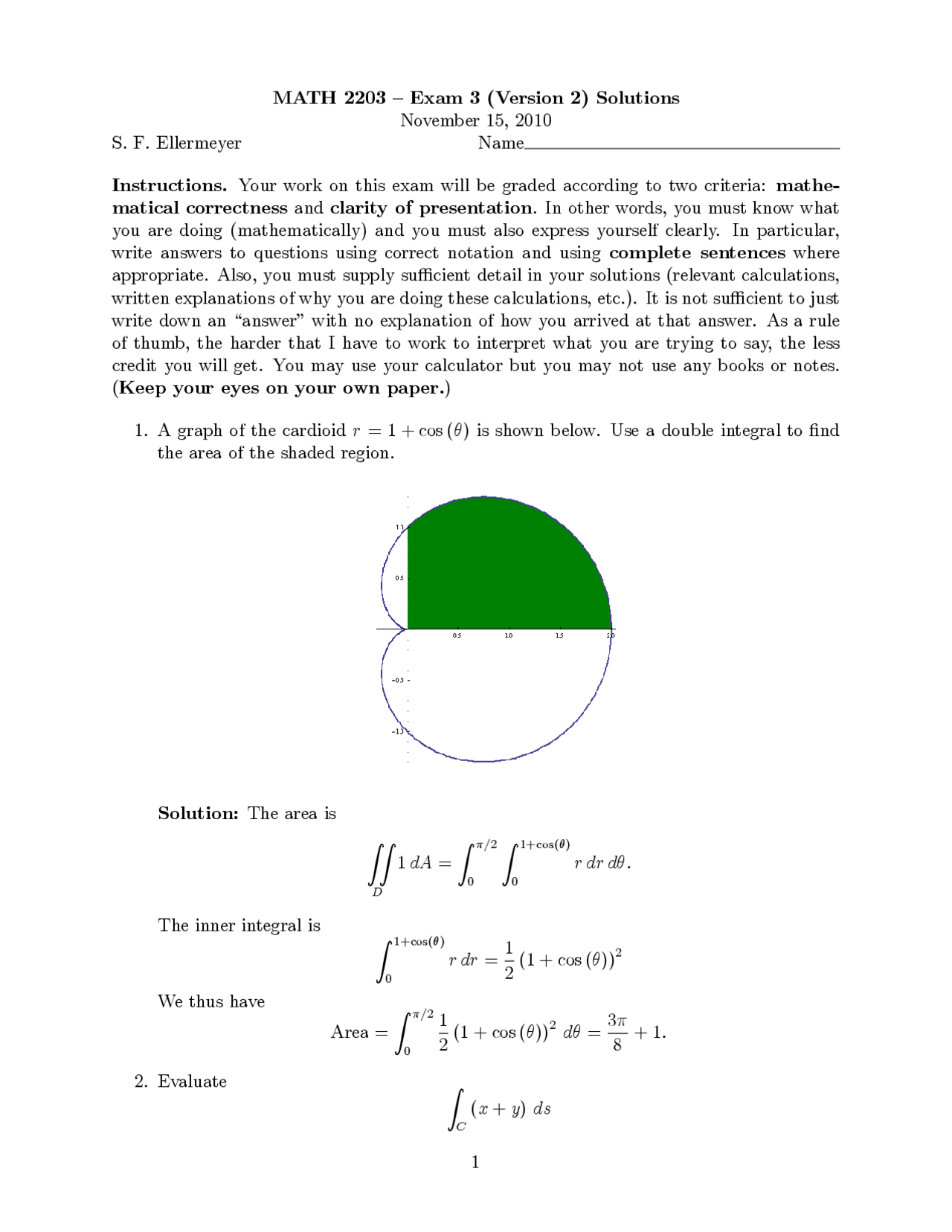 Calculus III - Exam 3 Version 2 with Solution | MATH 2203 - Docsity