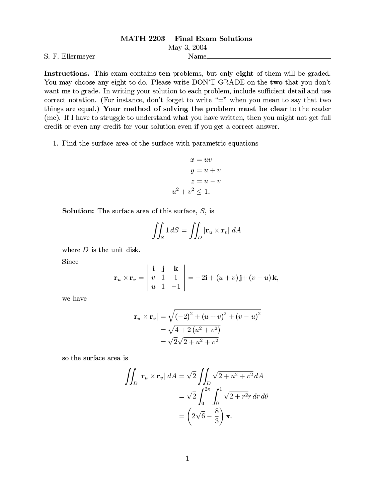 Final Exam Solutions - Calculus III - Spring 2004 | MATH 2203 - Docsity