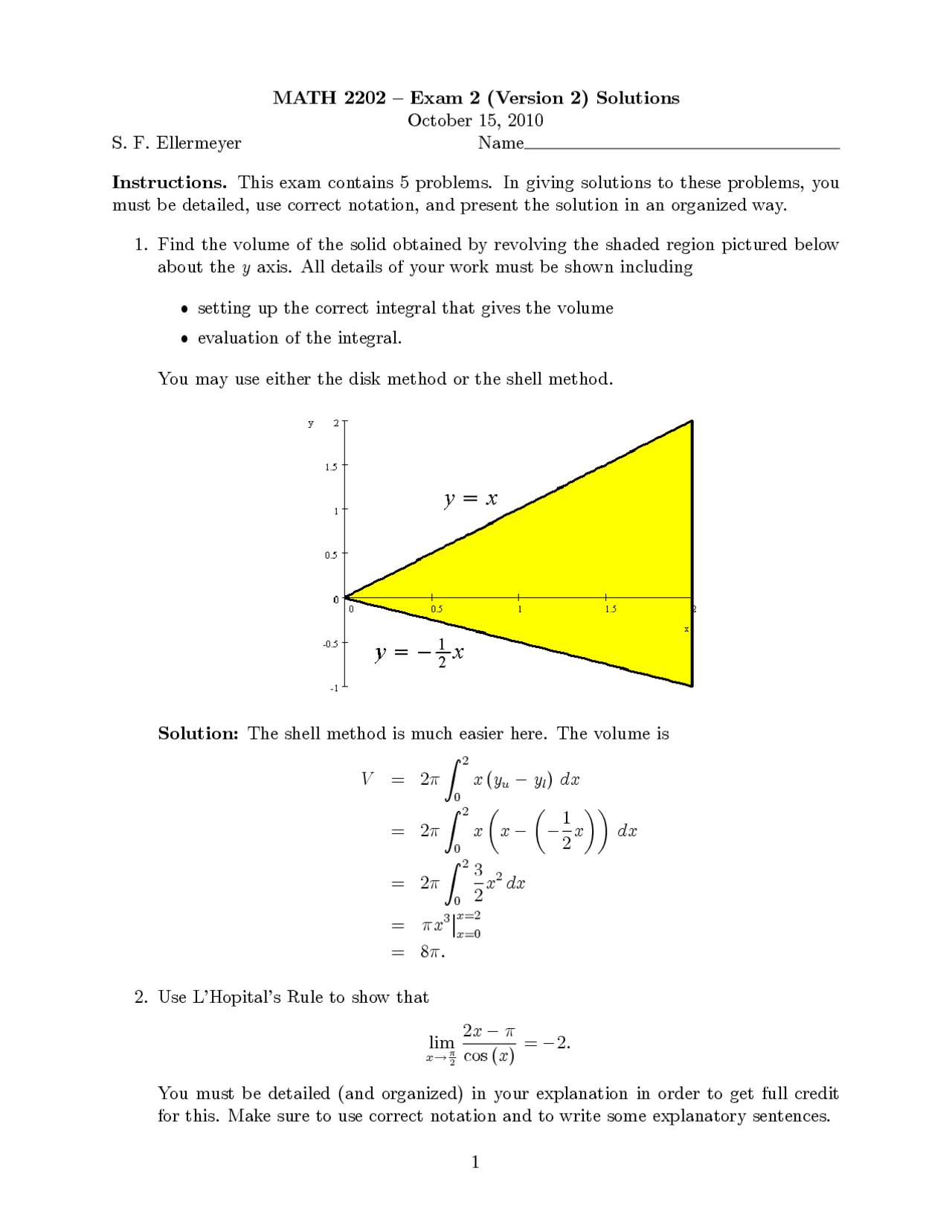 Exam 2 - Answer Key - Calculus II | MATH 2202 - Docsity