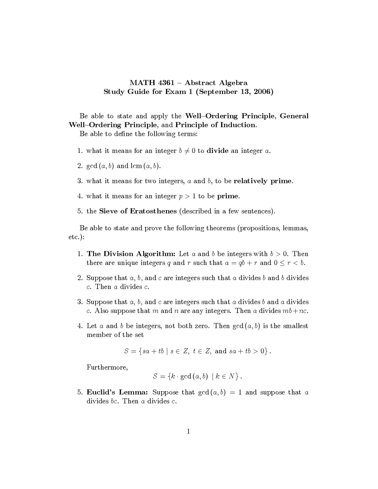 MATH 4361 Abstract Algebra Exam 1 Study Guide | Study notes Algebra ...