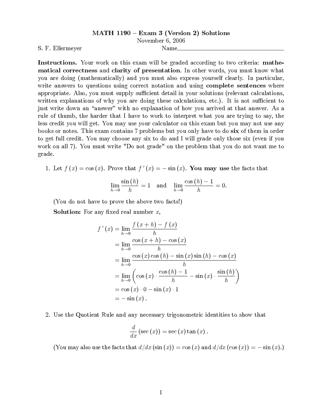 MATH 1190 Exam 3 Solutions: Problems and Derivatives | Exams Calculus ...