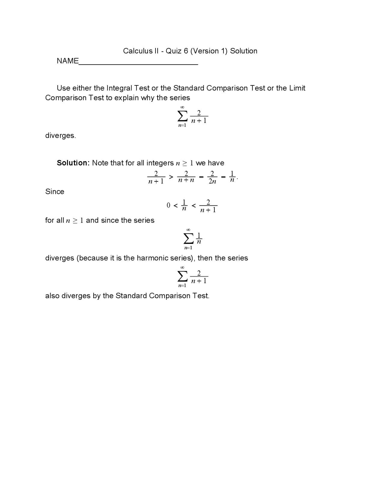 Quiz 6 with Resolution for Calculus II | MATH 2202 - Docsity