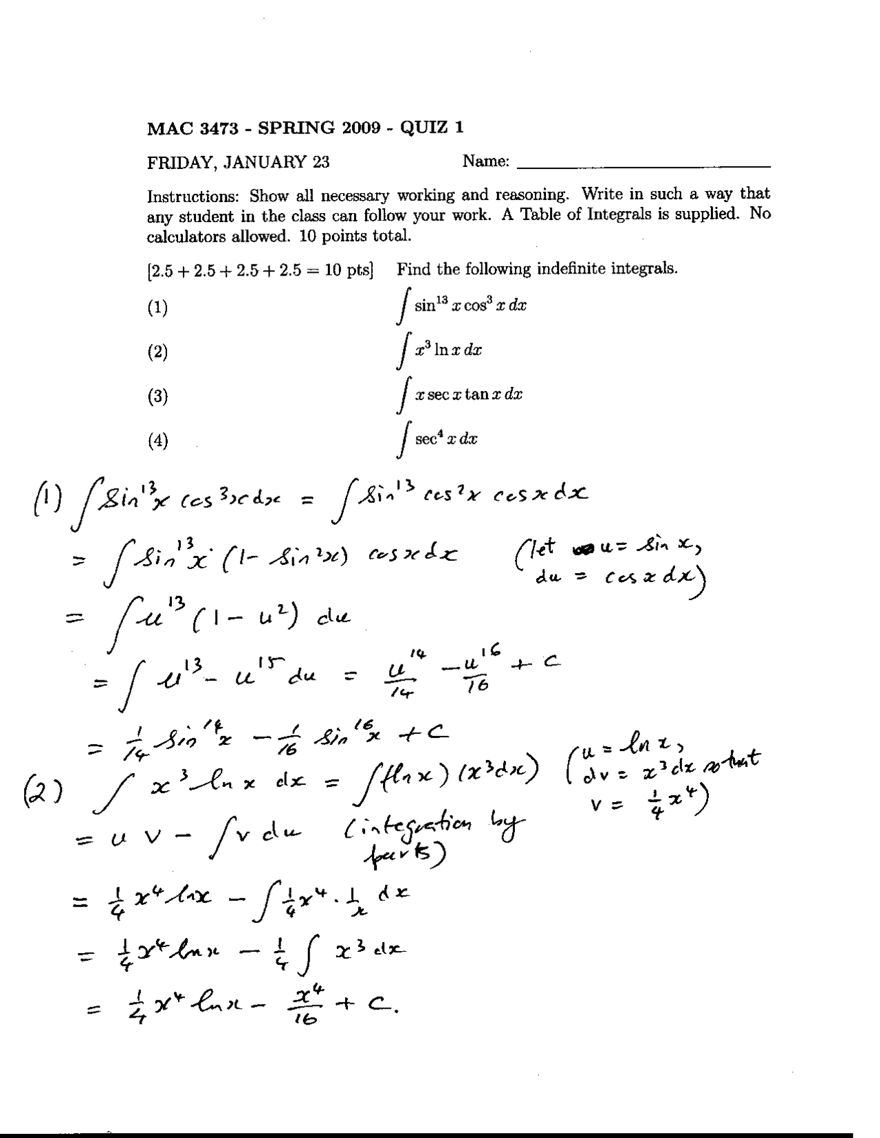 Solution to Quiz 1 - Honors Calculus 2 | MAC 3473 - Docsity