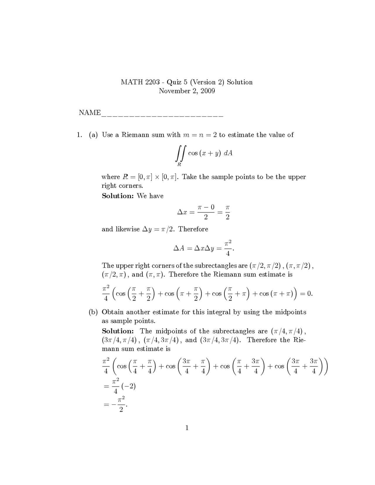2 Problems on Calculus III with Solutions - Practice Quiz 5 | MATH 2203 ...