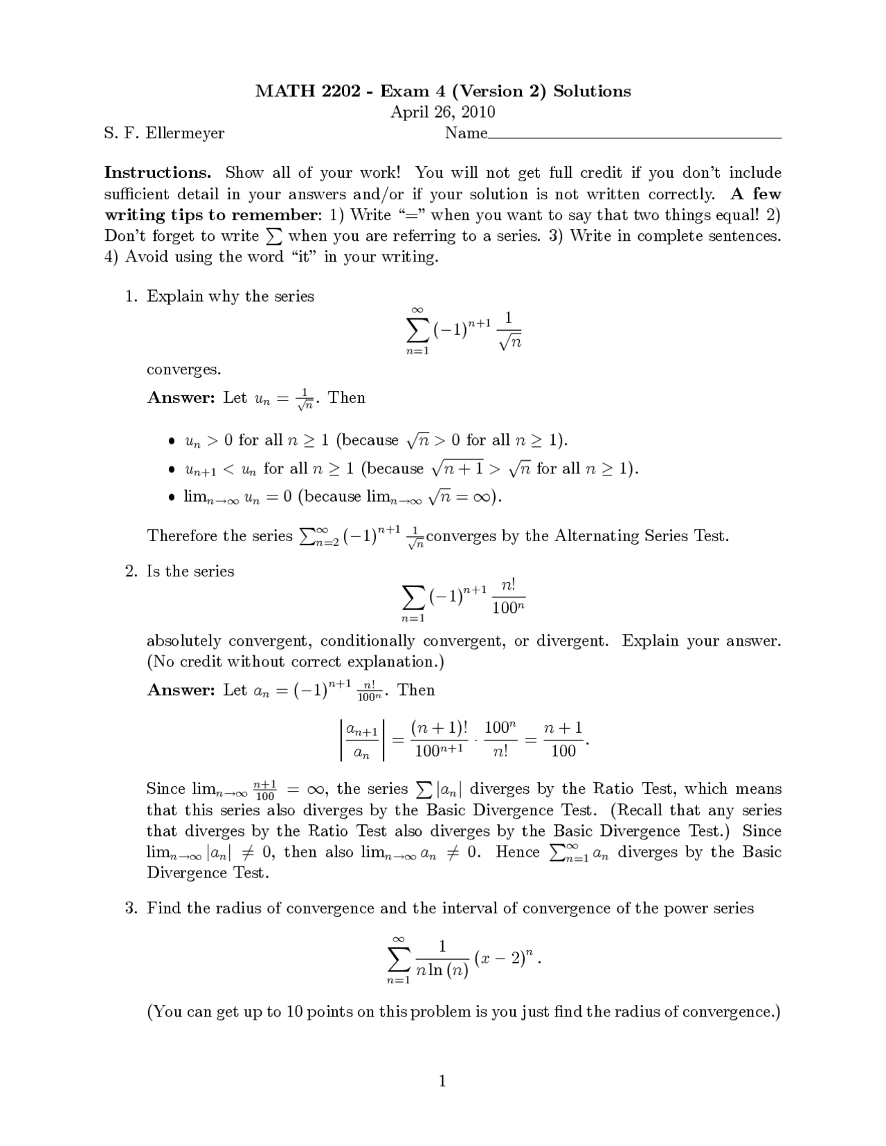 Practice Exam 4 Solutions - Calculus II | MATH 2202 - Docsity