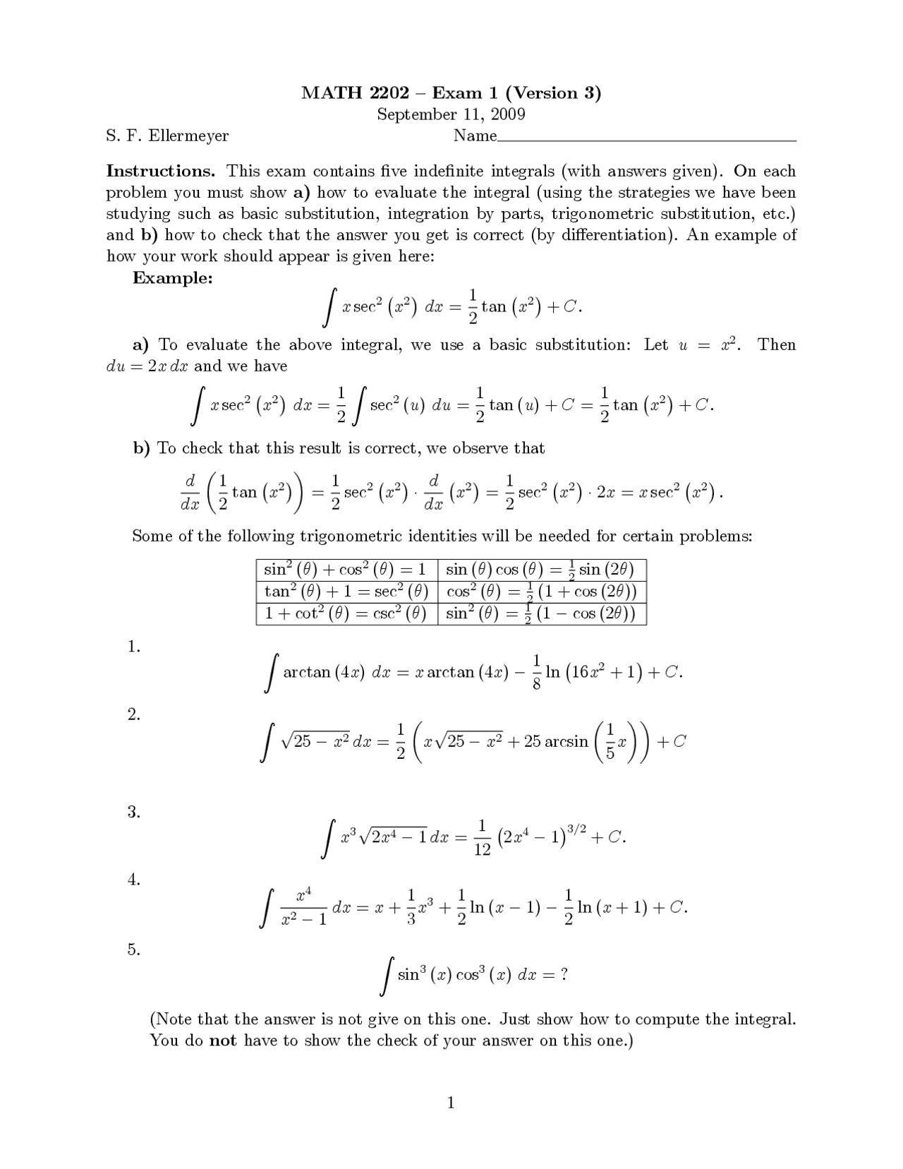Sample Questions with Solution on Calculus II - Exam 1, Version 3 ...