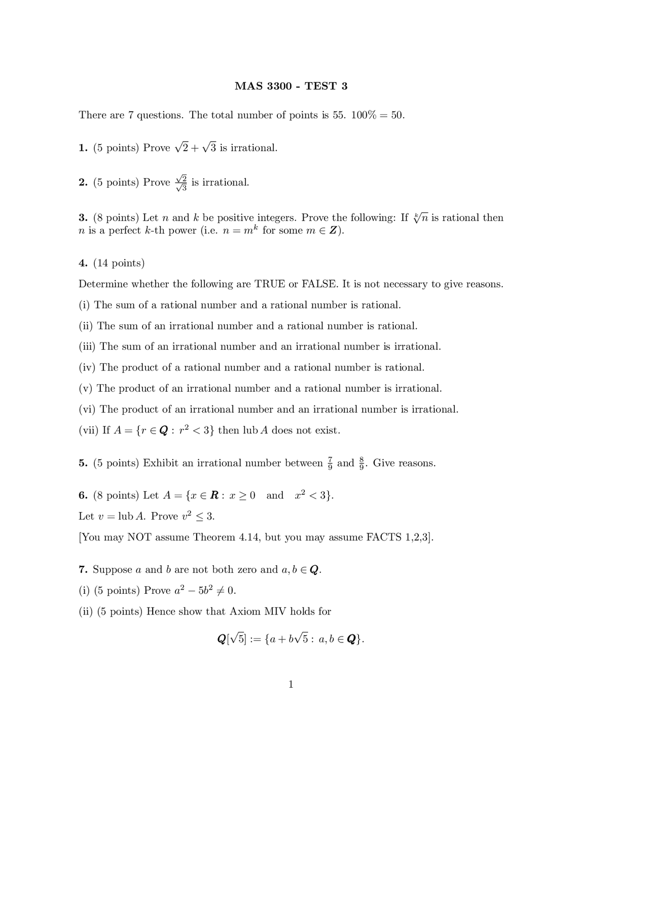 7 Problems on the Positive Integers - Test 3 | MAS 3300 - Docsity