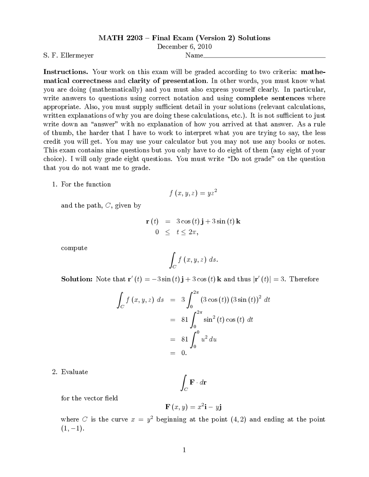 Solved Questions for Calculus III - Final Exam | MATH 2203 - Docsity