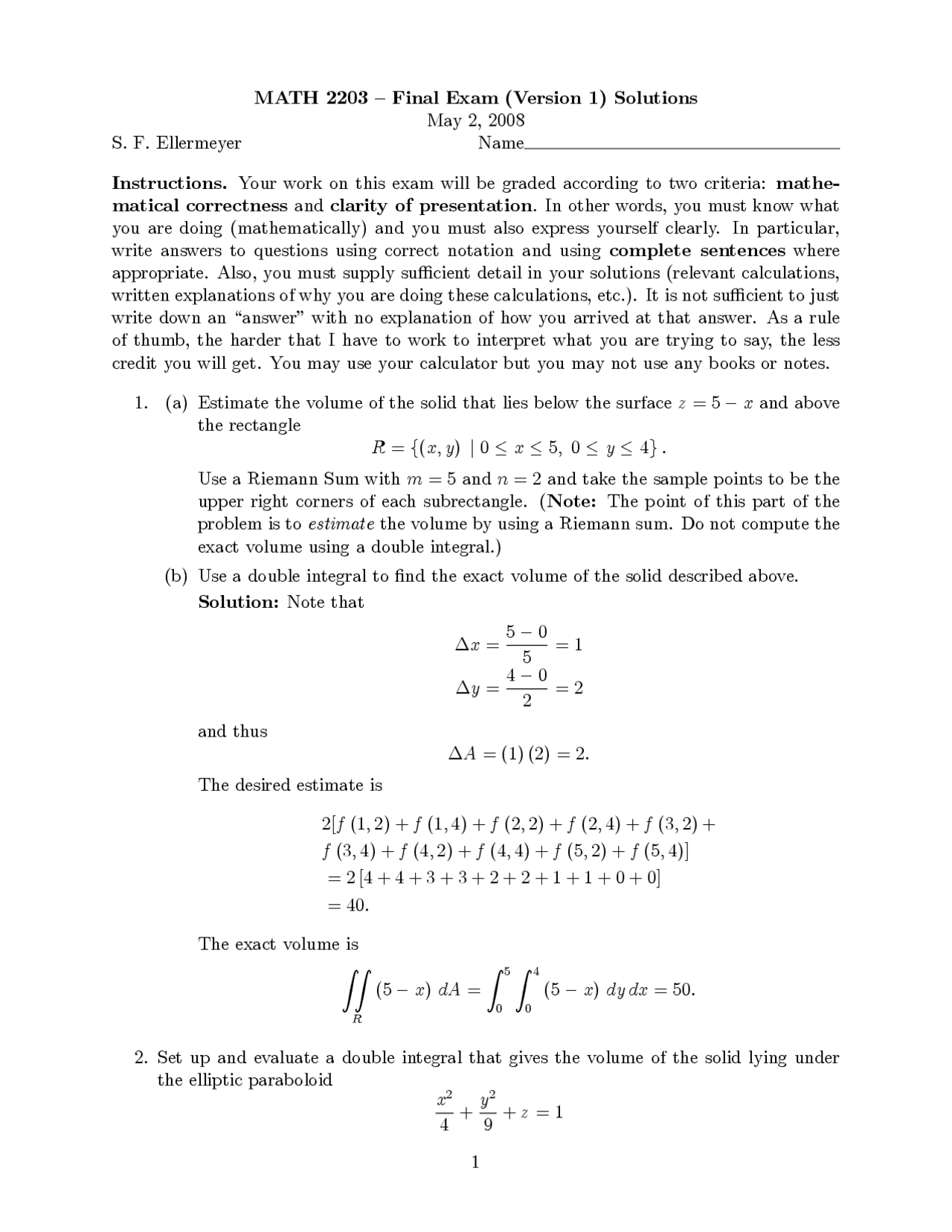 Final Examination Version A with Solutions - Calculus III | MATH 2203 ...