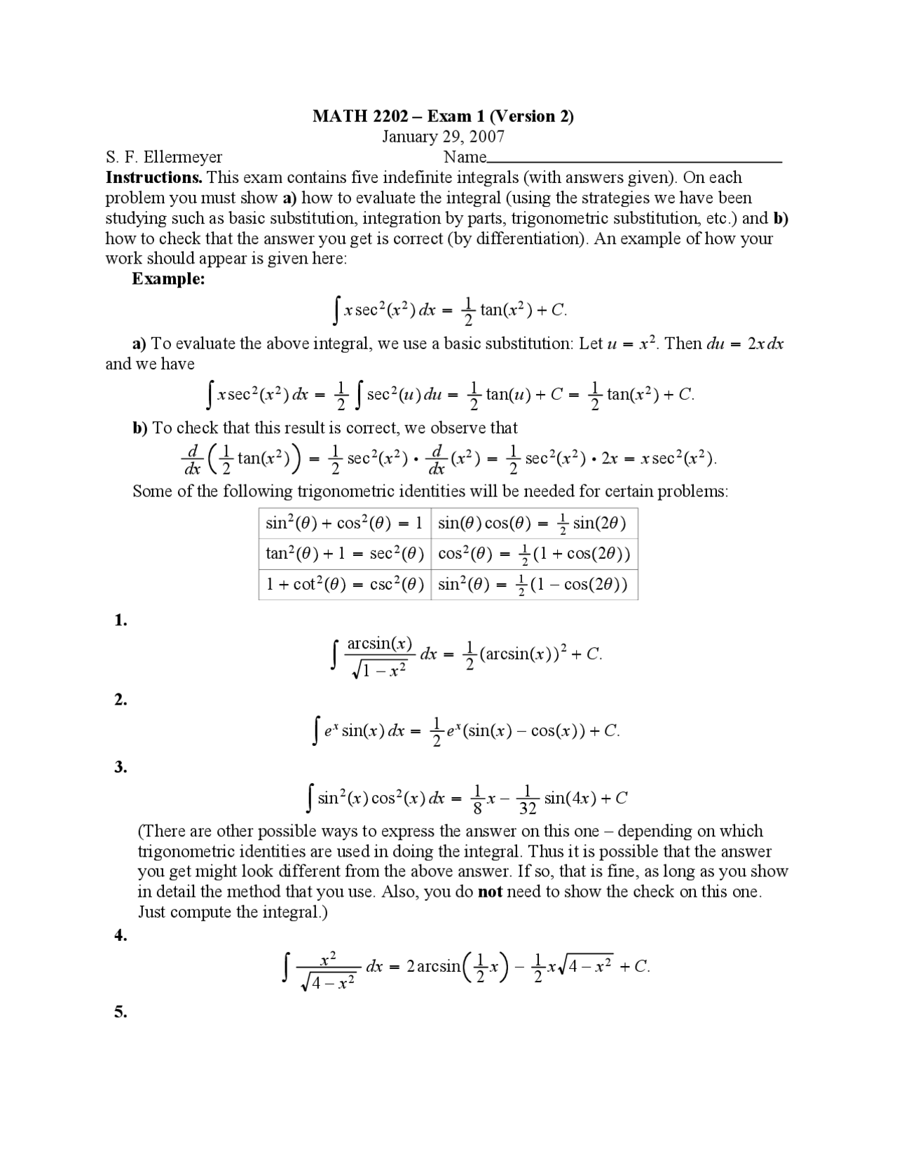 Exam 1 Version 2 on Calculus II - Solved Questions | MATH 2202 - Docsity