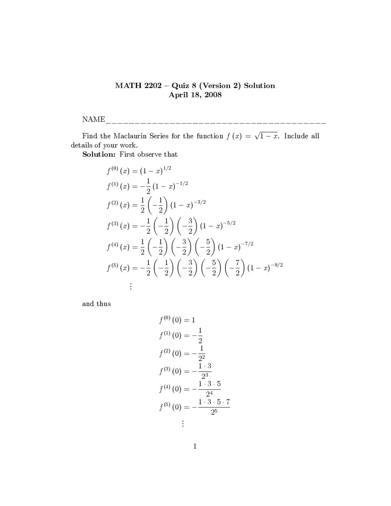 Quiz 8 Version B with Solutions - Calculus II | MATH 2202 - Docsity