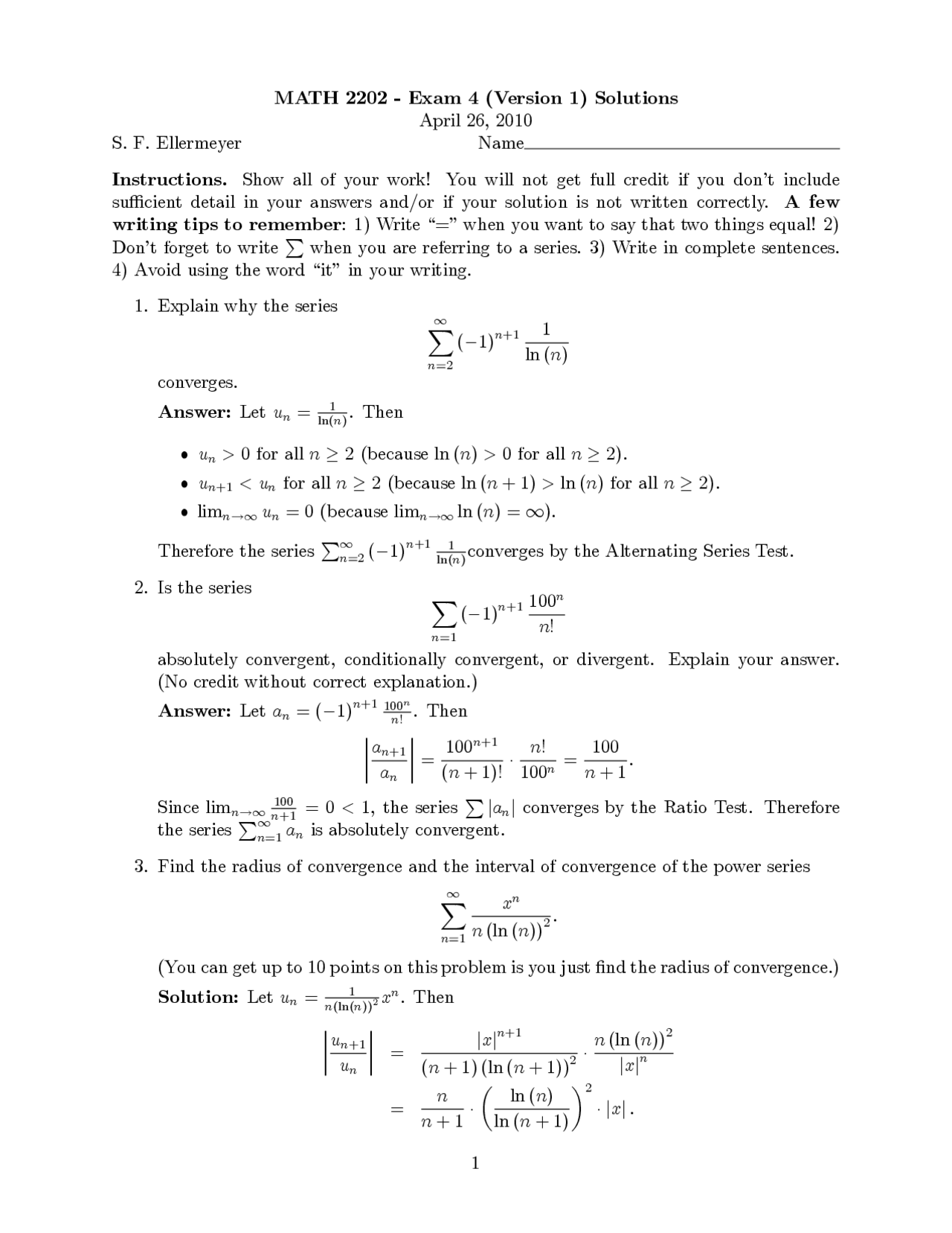 Exam 4 with Solutions - Calculus II | MATH 2202 - Docsity
