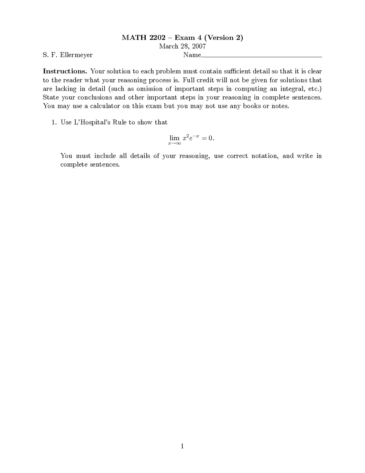 Exam IV Questions for Calculus II - Fall 2007 | MATH 2202 | Exams ...