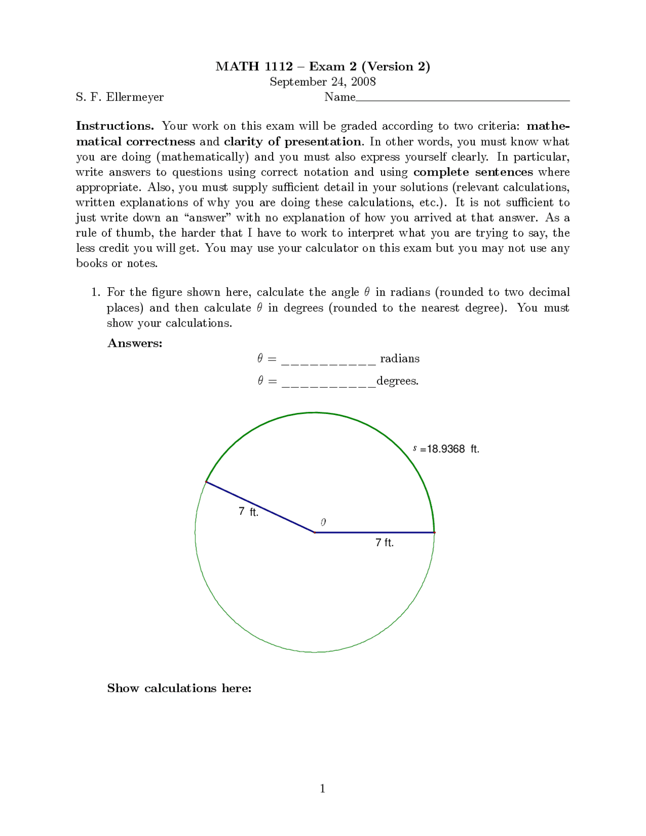 Solutions for Exam 2 Version 2 - College Trigonometry | MATH 1112 - Docsity