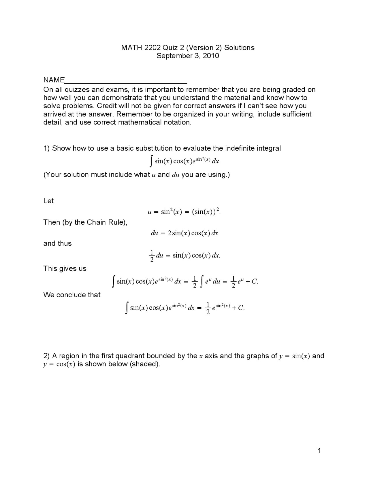3 Problems on Calculus II with Solutions - Practice Quiz 2 | MATH 2202 ...
