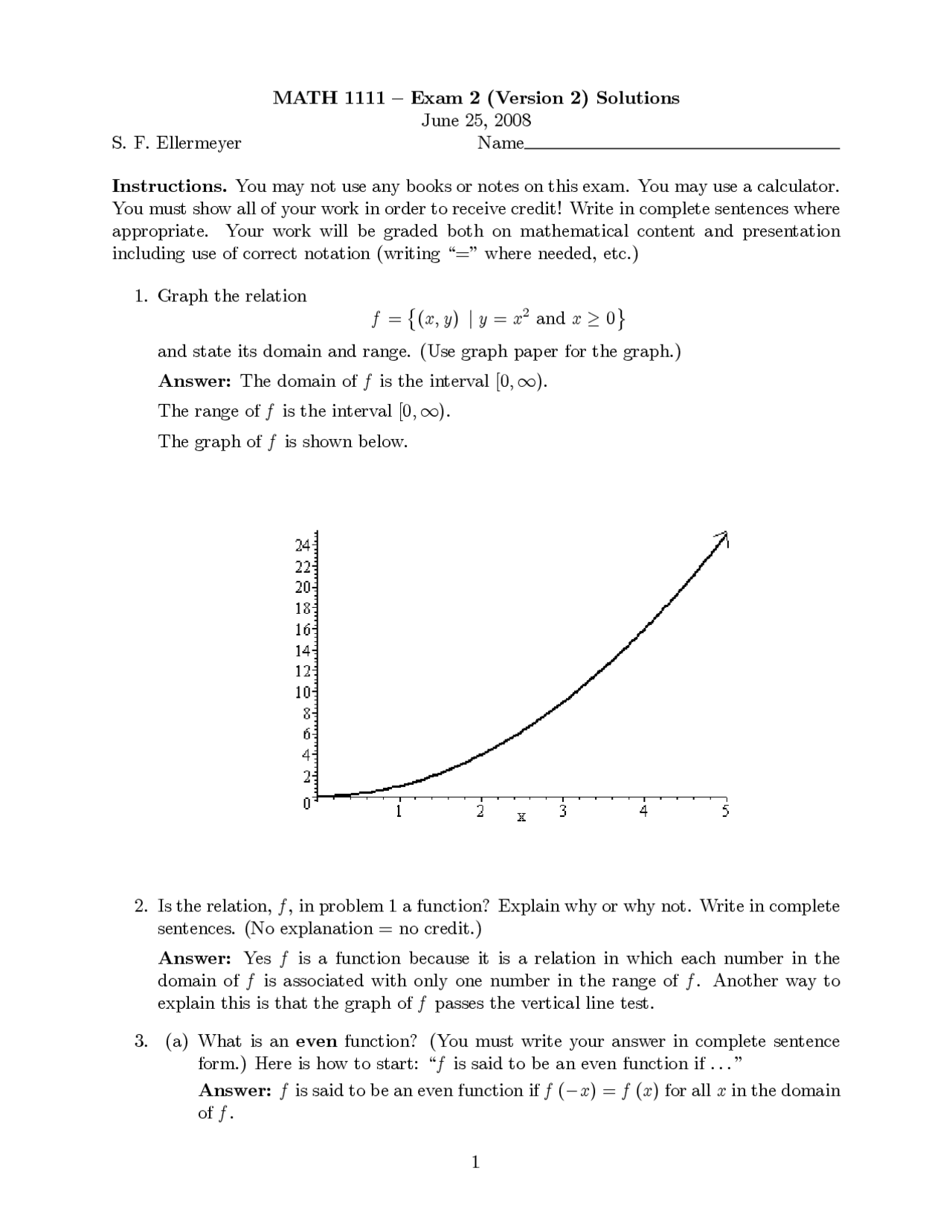 Exam 2 Questions - College Algebra | MATH 1111 - Docsity