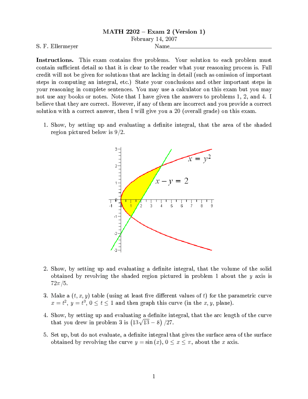 Exam 2, Version 1 Questions for Calculus II | MATH 2202 - Docsity