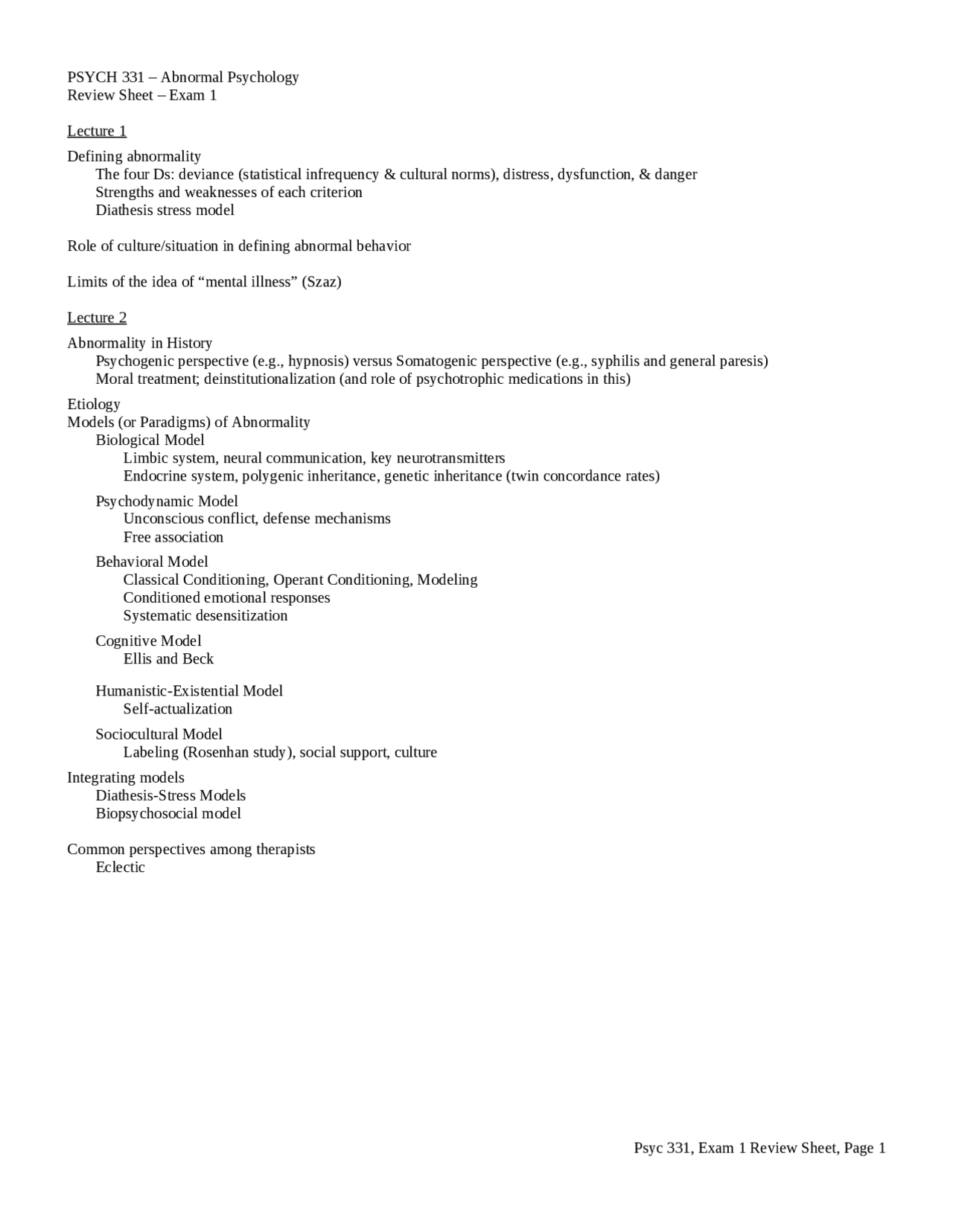 Defining Abnormality, Exam 1 Review - Abnormal Psychology | PSYCH 331 ...