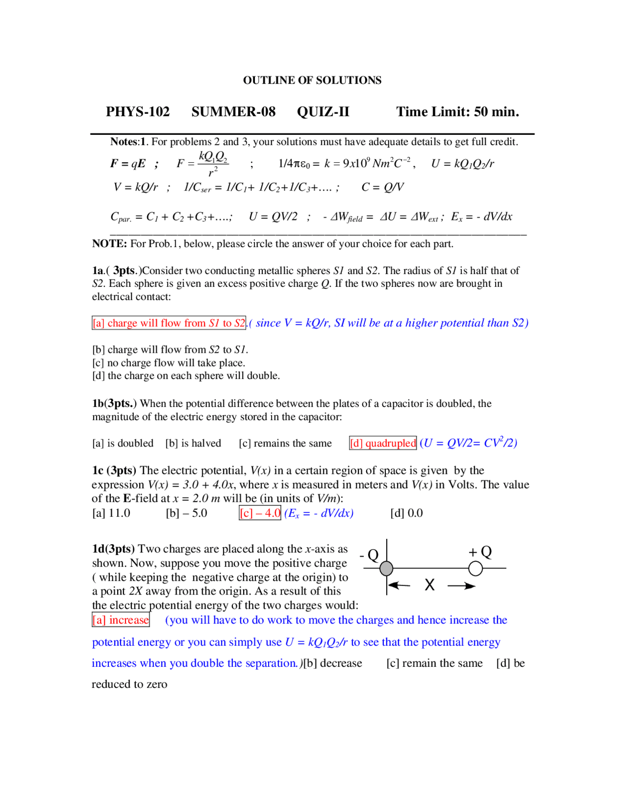 Fundamentals of Physics II Solved Quiz 2 PHYS 102 Docsity