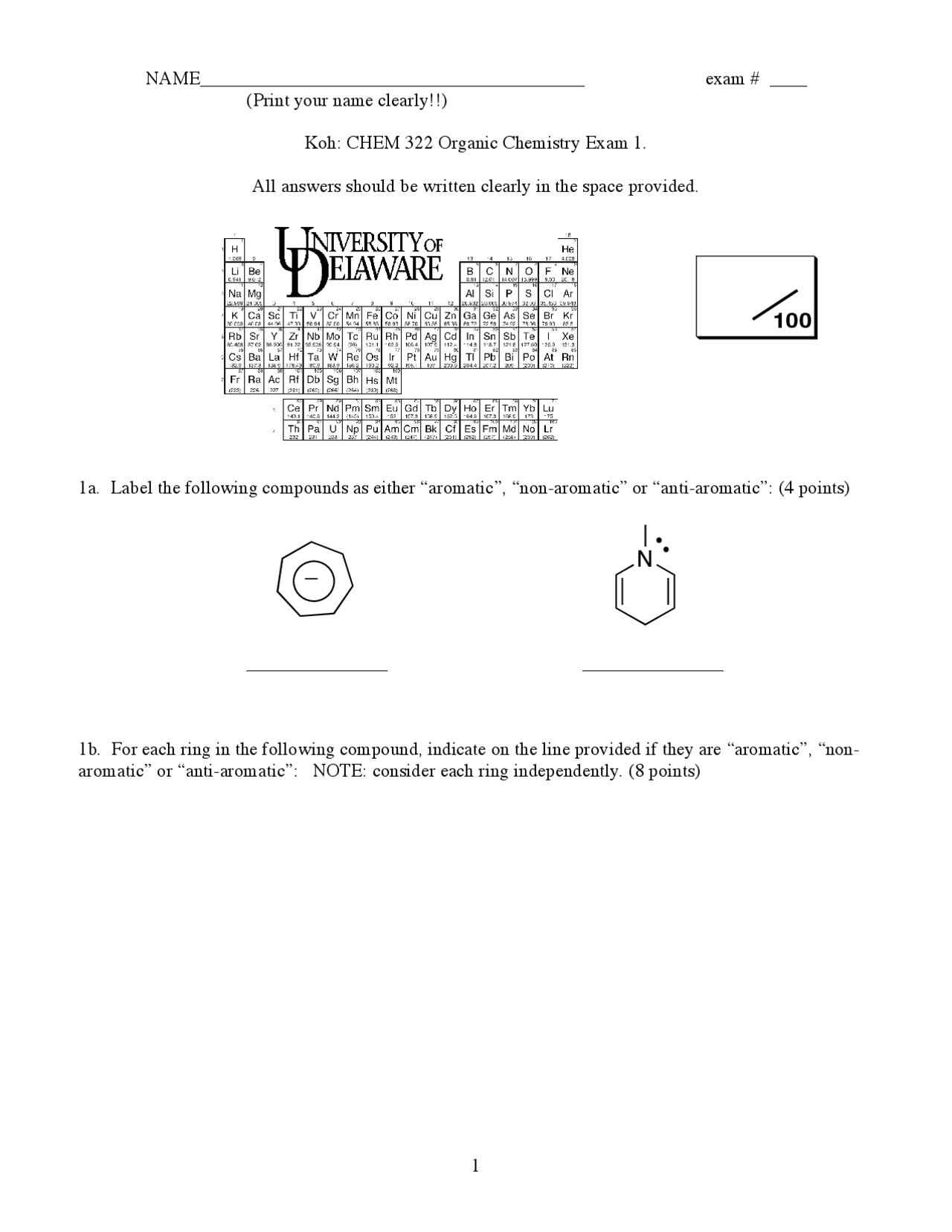 Exam 1 - Organic Chemistry II | Questions | CHEM 322 - Docsity