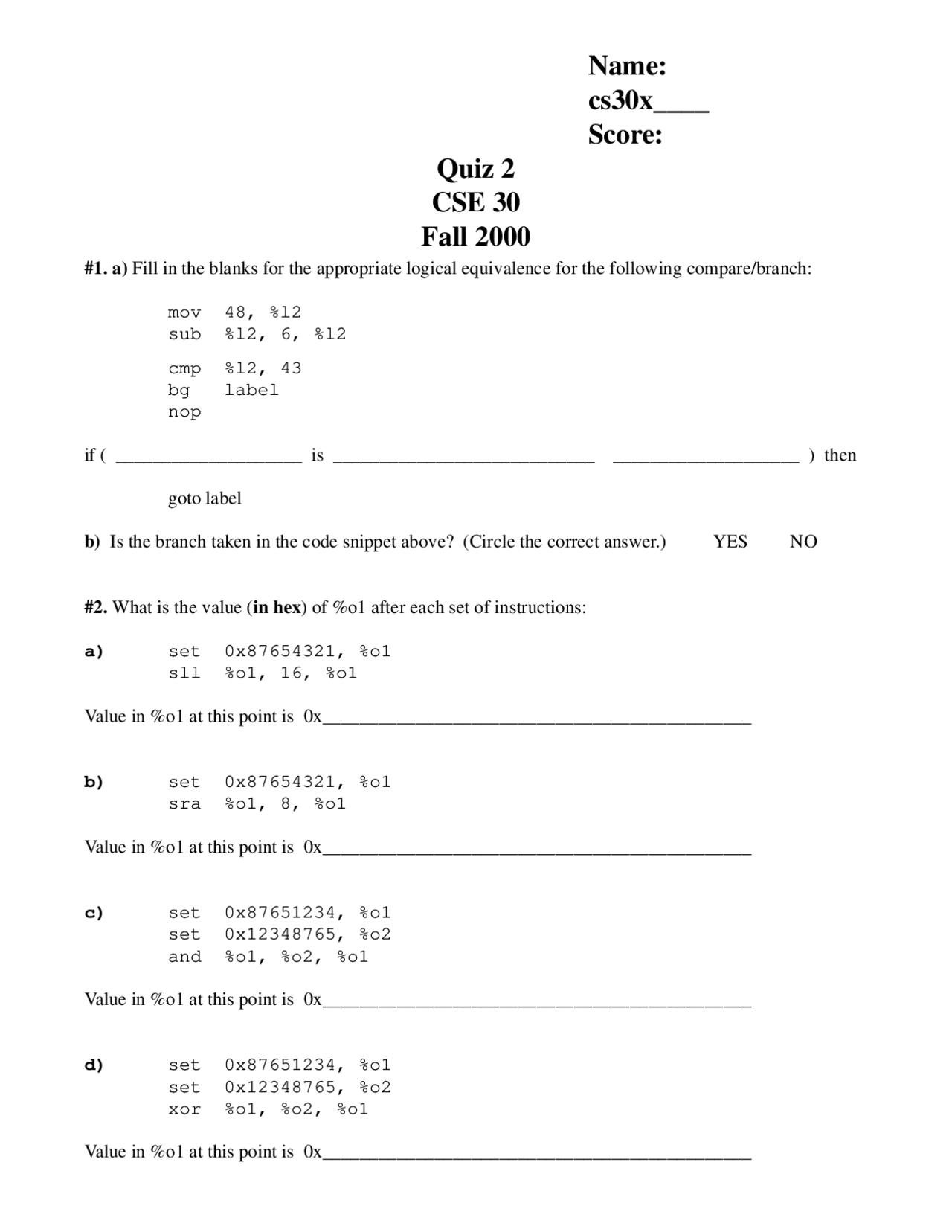 Quiz 2 with 3 Problems - Computer Organization and Systems Programming ...