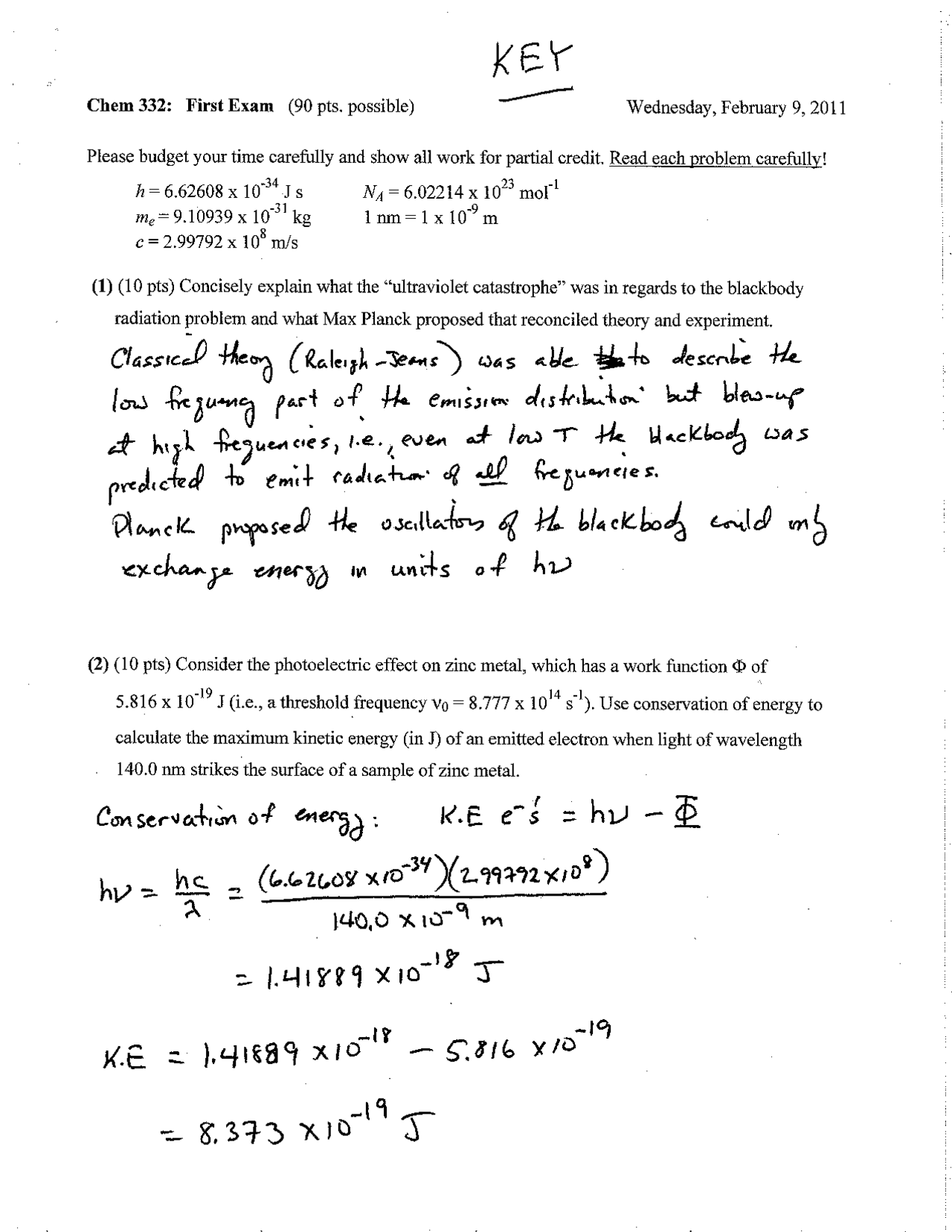Exam 1 Solutions Physical Chemistry Ii Fall 2011 Chem 332 Docsity