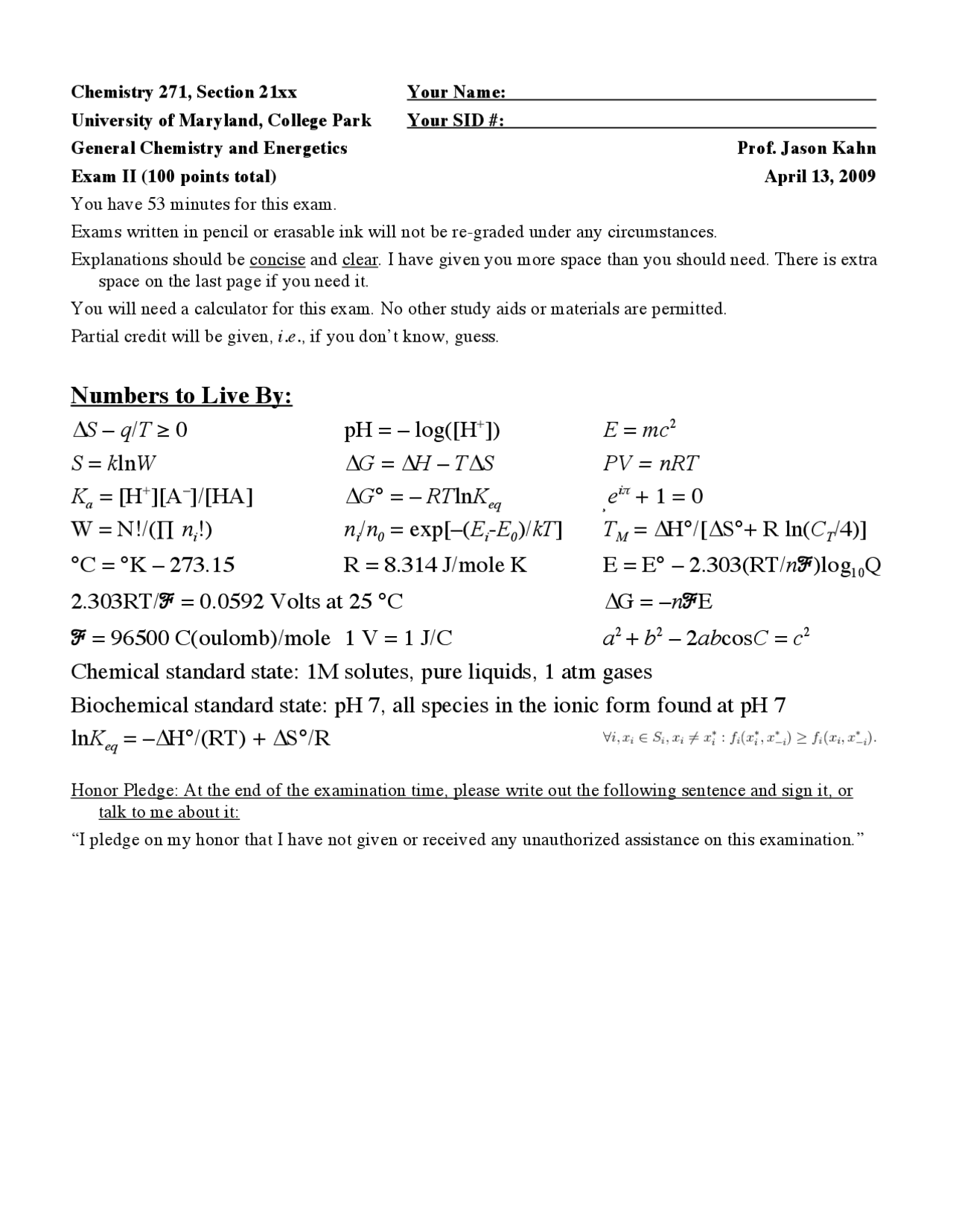 Exam 2 with Answers - Chemistry Fundamental II | CHEM 271 - Docsity