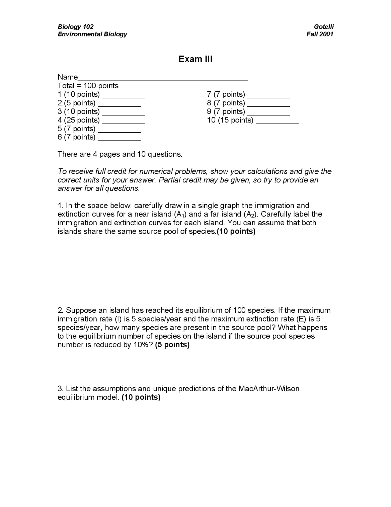 Environmental Biology Exam III - Fall 2001 - Prof. Nicholas James ...