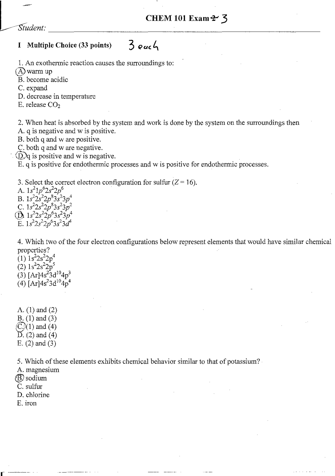 General Chemistry - Exam 3 Solutions | CHEM 101 - Docsity