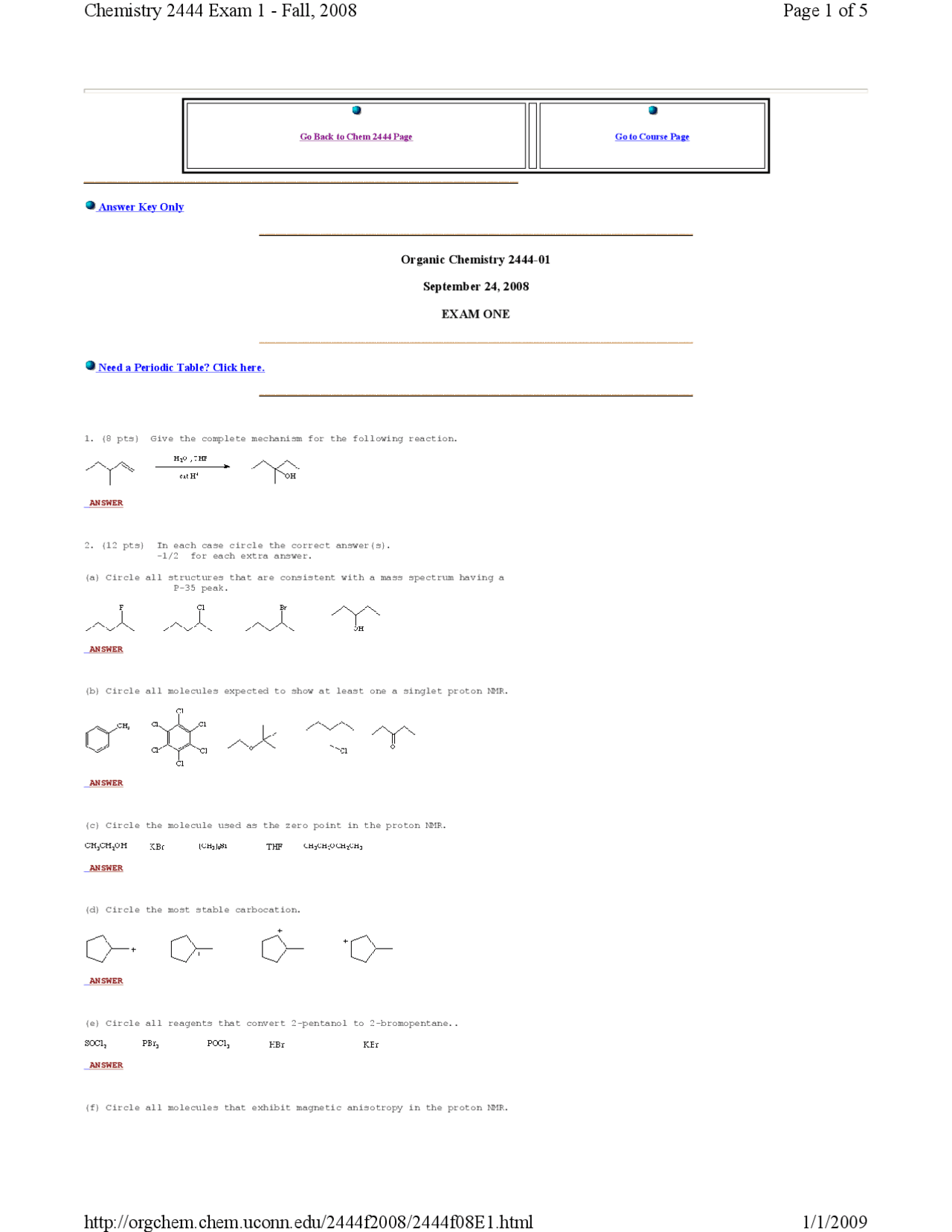 Exam 1 with Solutions - Organic Chemistry | CHEM 2444 - Docsity