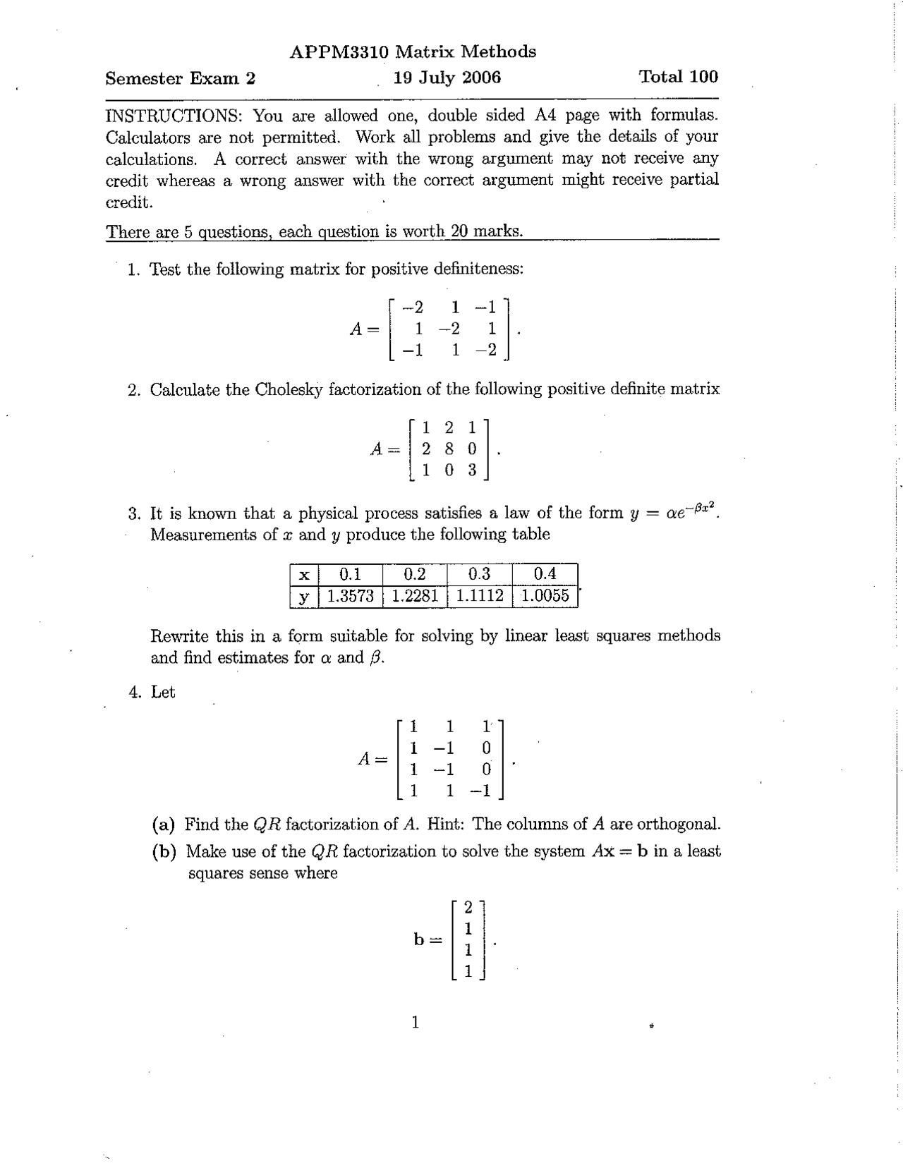 Exam 2 for Matrix Methods and Applications | APPM 3310 | Exams ...