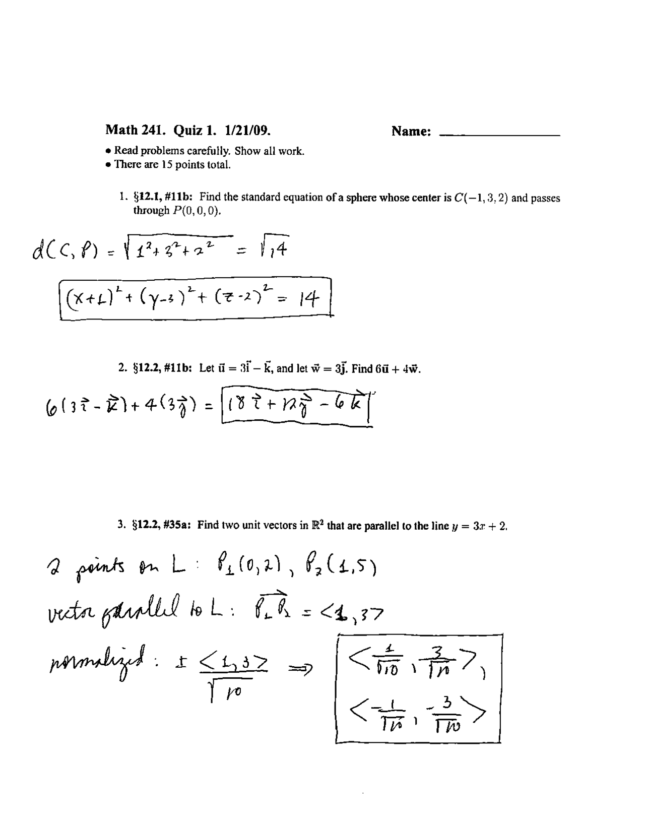Quiz 1 with Answers - Vector Calculus | MATH 241 | Quizzes Calculus ...