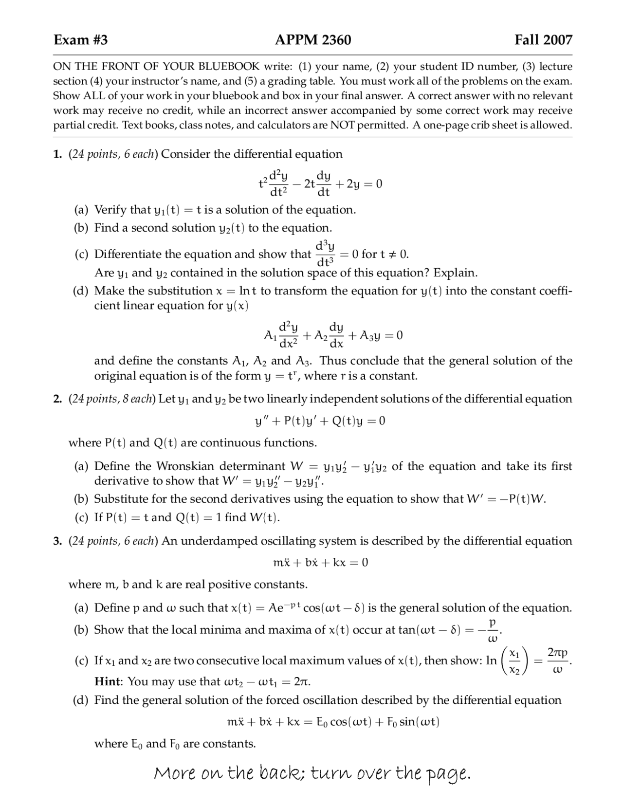 Past Exam 3 with Solutions - Differential Equations with Linear Algebra Past Exam 3 with Solutions - Differential Equations with Linear Algebra